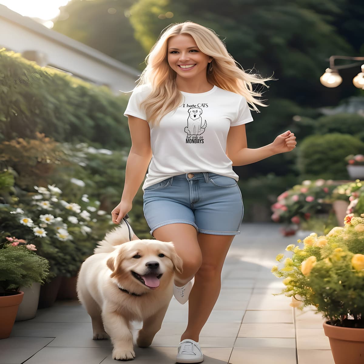 Women playing in a garden with a dog. She is wearing a white crew neck short sleeved t-shirt, features a funny sitting dog, in bold black one-lined graphic with message ”I hate cats but only on Mondays”. fun playful outdoor