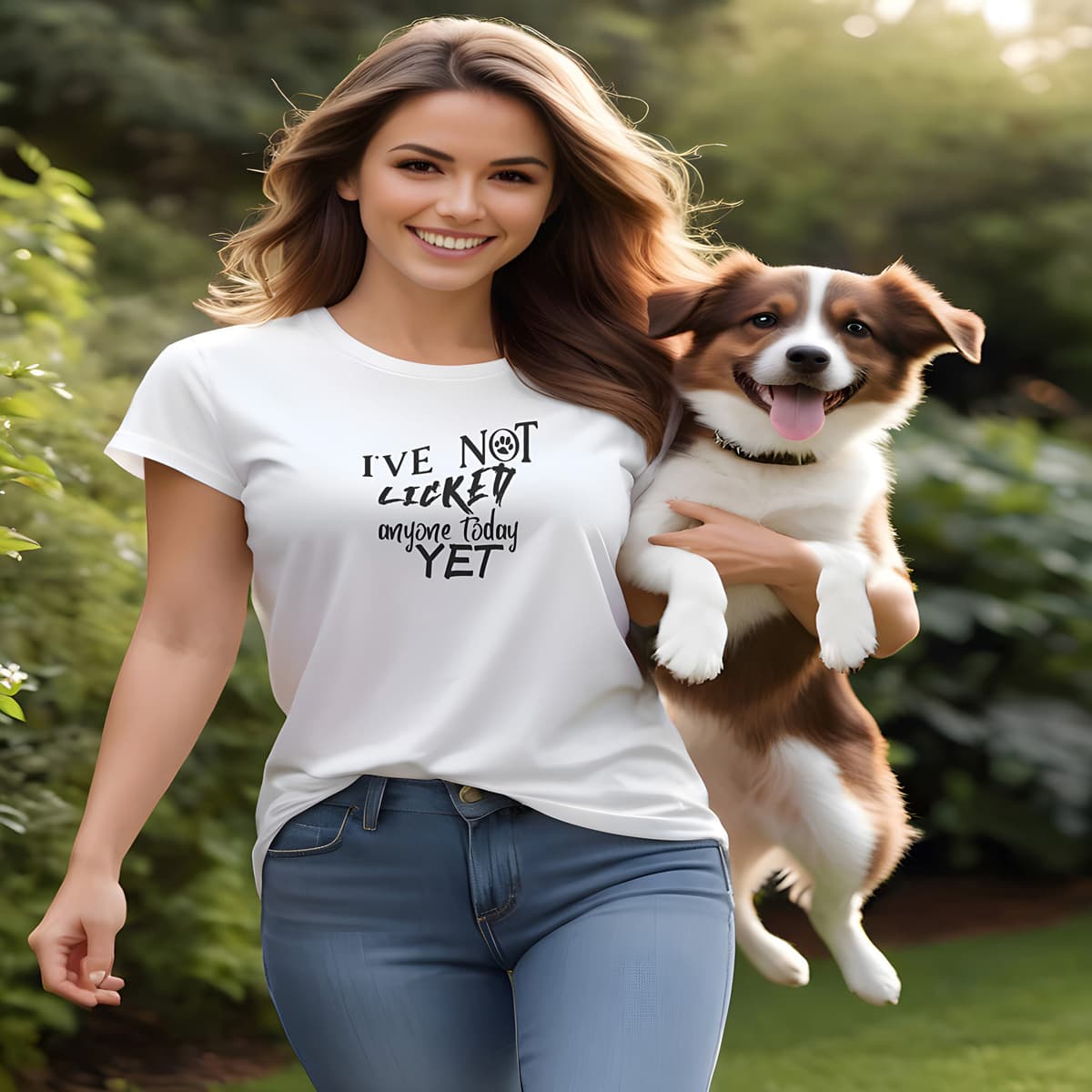 Women holding a dog, standing in a garden. She is wearing a white crew neck short sleeved t-shirt, feature a funny message " I´ve not licked anyone today yet" in bold black graphic style.