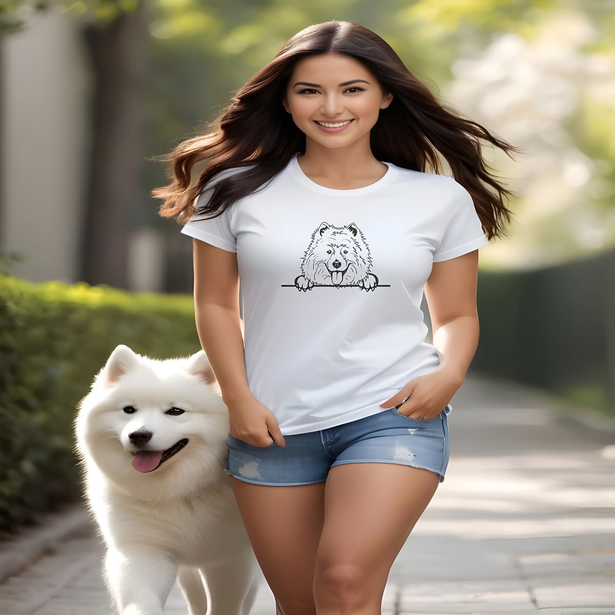 Young women walking, with a cute tongue out Samoyed. She is wearing a white crew neck short sleeved t-shirt. Showcases a vibrant Samoyed dog face hand-drawn graphic, resting its paws on a table.