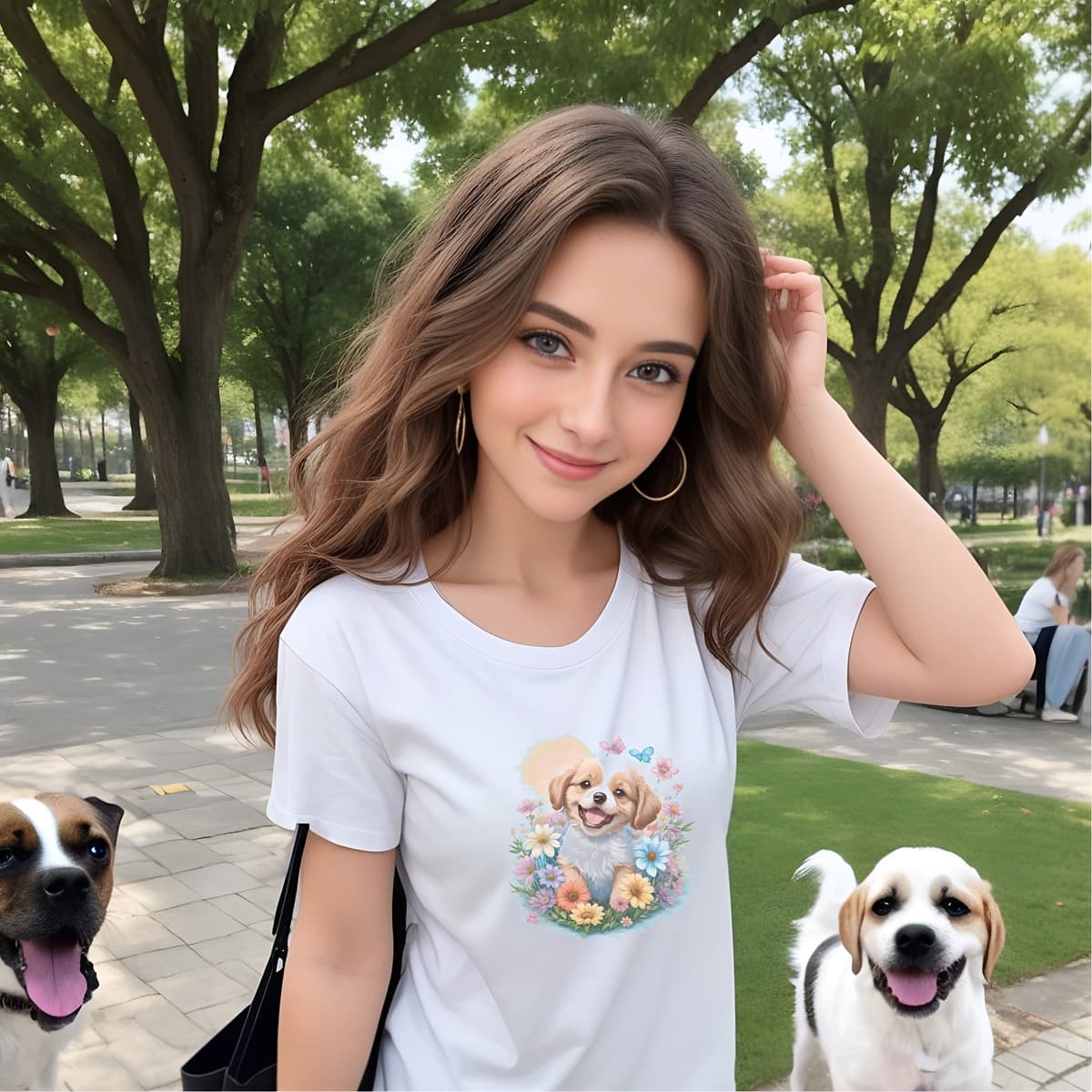 Women standing in a dog park, with two dogs. She is wearing a white crew neck short sleeved t-shirt, feature a graphic vibrant colorful hand-drawn dog face of a Shepherd Puppy sitting in floral wreath.