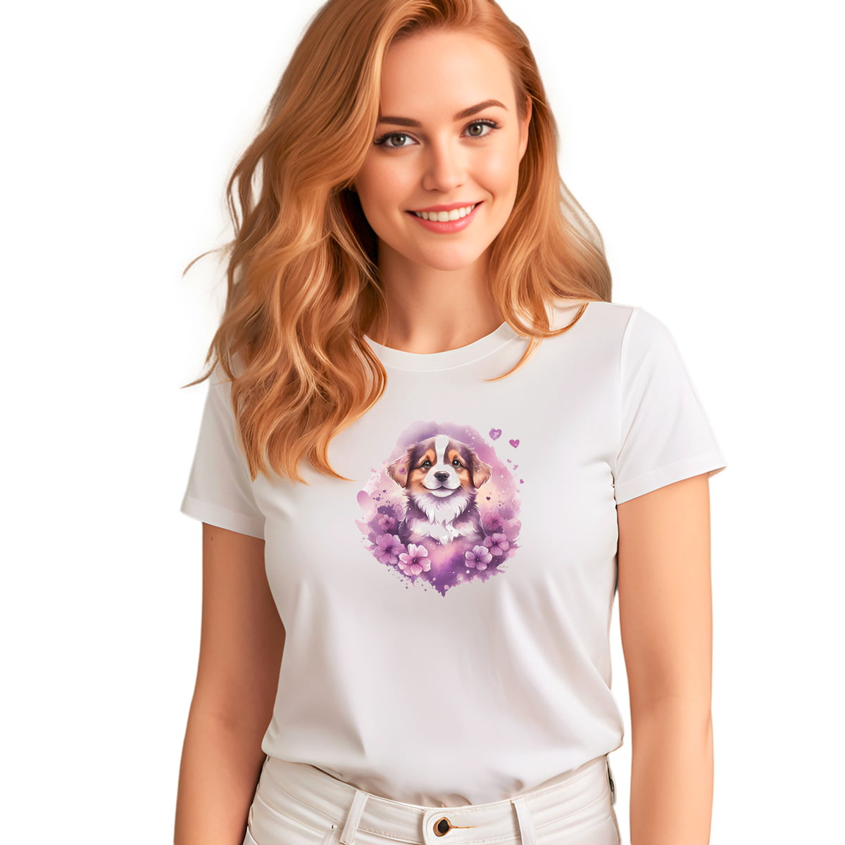 White crew neck short sleeved t-shirt, features an adorable Shepherd puppy, nestle in hearts and floral garden. Female model shown in close-up to highlight print and fit.