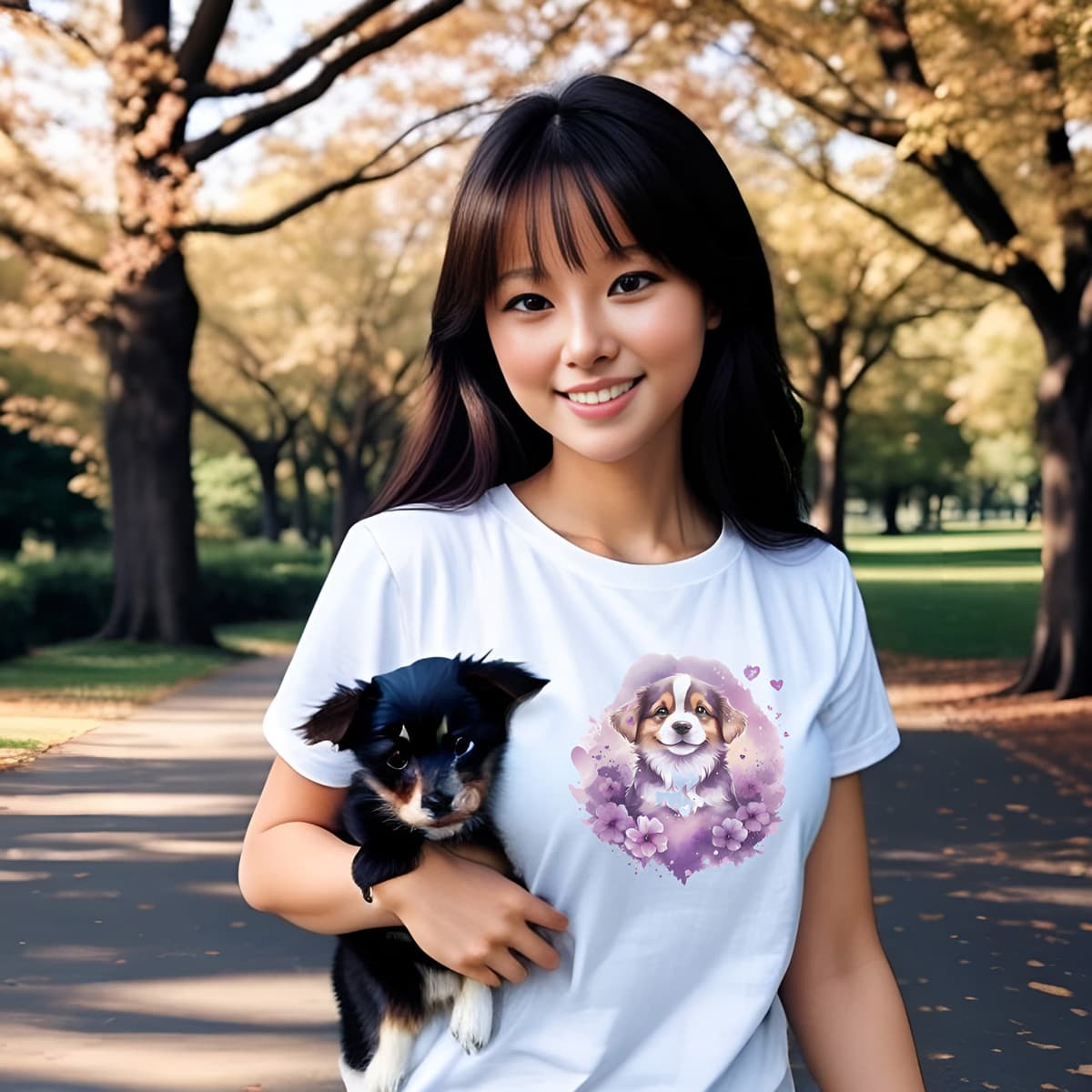Women holding puppy, standing in a park. She is wearing a white crew neck short sleeved t-shirt, features an adorable Shepherd puppy, nestle in hearts and floral garden.