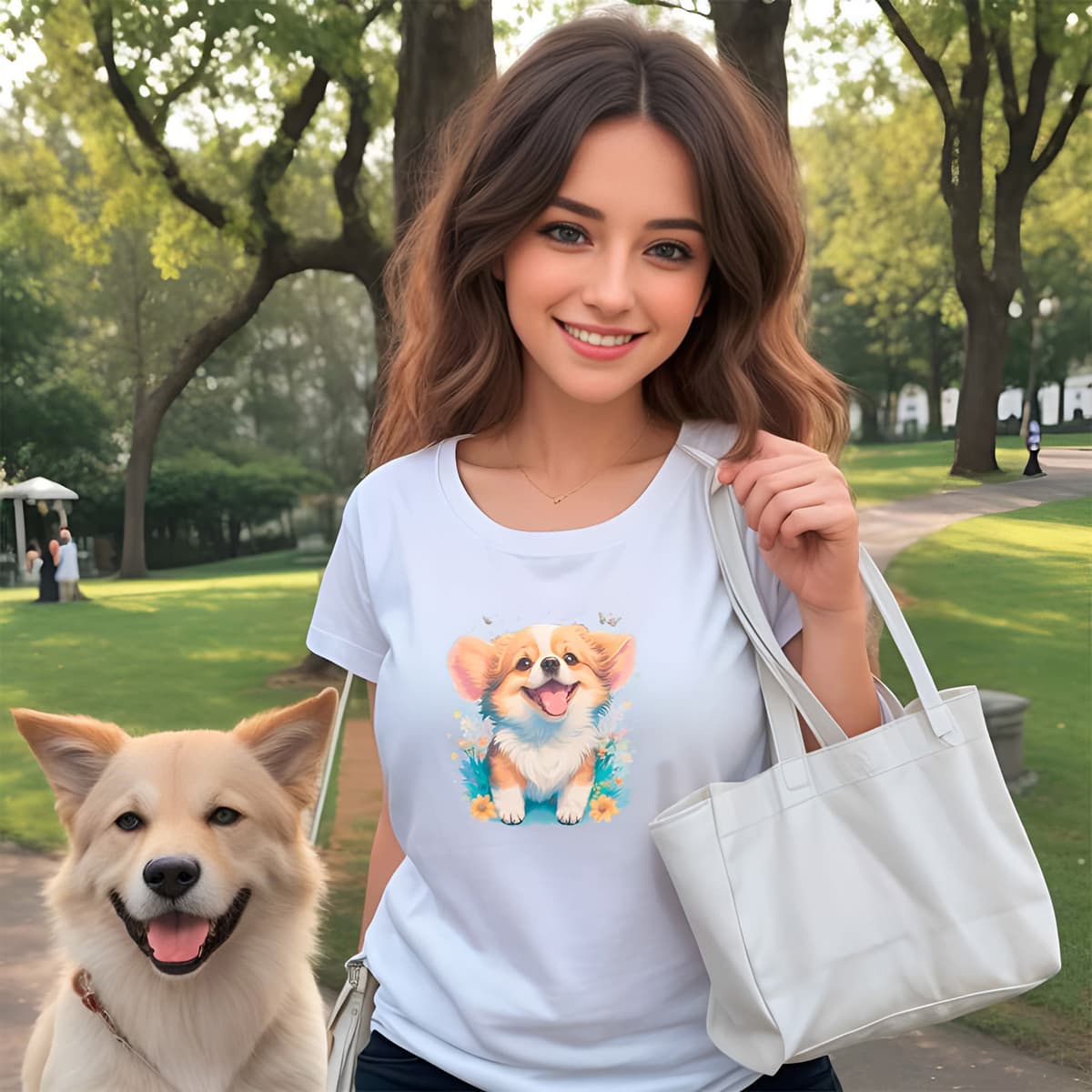 Women standing in a park, with a dog. She is wearing a crisp white crew neck short sleeved t-shirt,feature a graphic vibrant colorful hand-drawn dog face of a Corgi puppy sitting in floral garden. sun enjoy outdoor