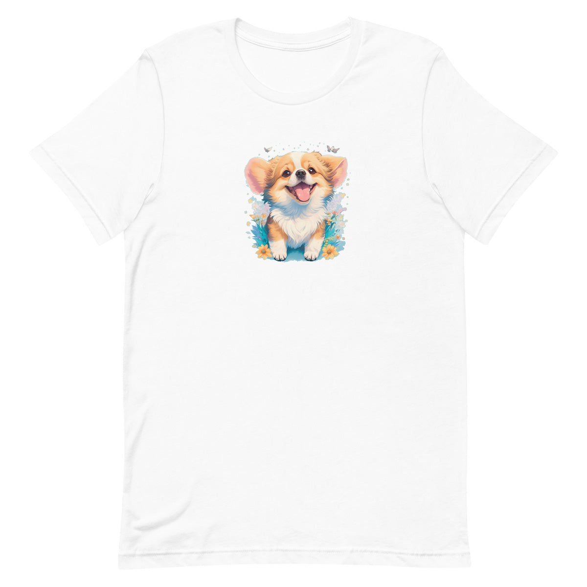 White crew neck short sleeved t-shirt,feature a graphic vibrant colorful hand-drawn dog face of a Corgi puppy sitting in floral garden.