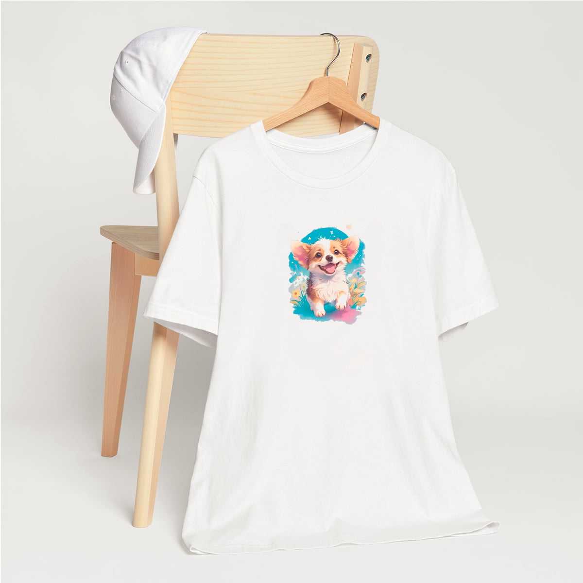 White crew neck short sleeved t-shirt,features a graphic vibrant colorful hand-drawn dog face of a cute Corgi puppy sitting in floral garden. T-shirt hanging on chair shown in close-up to highlight print and size