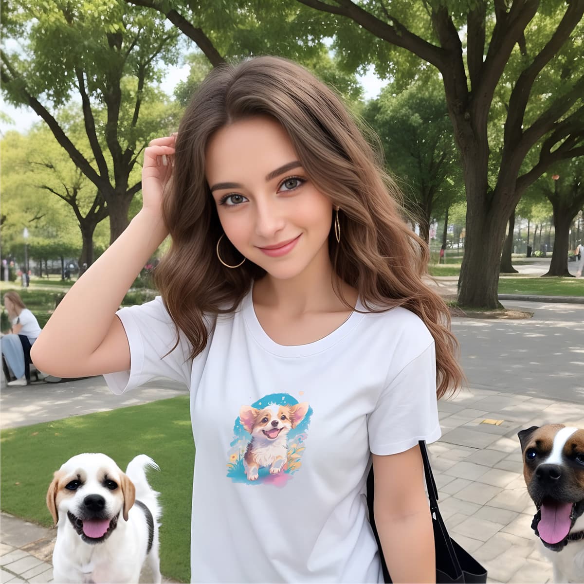 Women standing in a park, with two dogs. She is wearing a crisp white crew neck short sleeved t-shirt,features a graphic vibrant colorful hand-drawn dog face of a cute Corgi puppy sitting in floral garden.