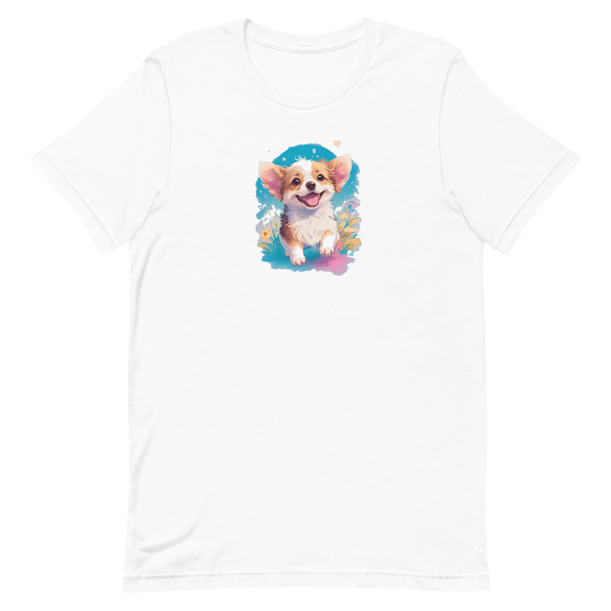 White crew neck short sleeved t-shirt,features a graphic vibrant colorful hand-drawn dog face of a cute Corgi puppy sitting in floral garden.