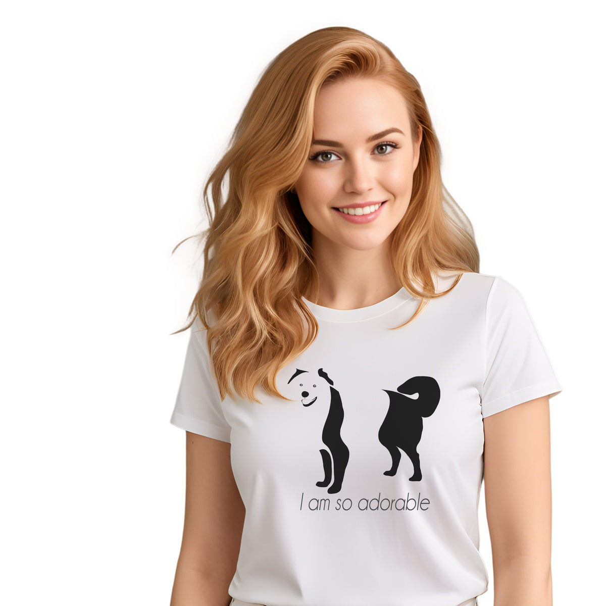 White crew neck short sleeved t-shirt, featuring an adorable Australian Shepherd hand drawn silhouette graphic print with the text "I am so adorable." underneath the dog. Female model shown in close-up to highlight print and fit.