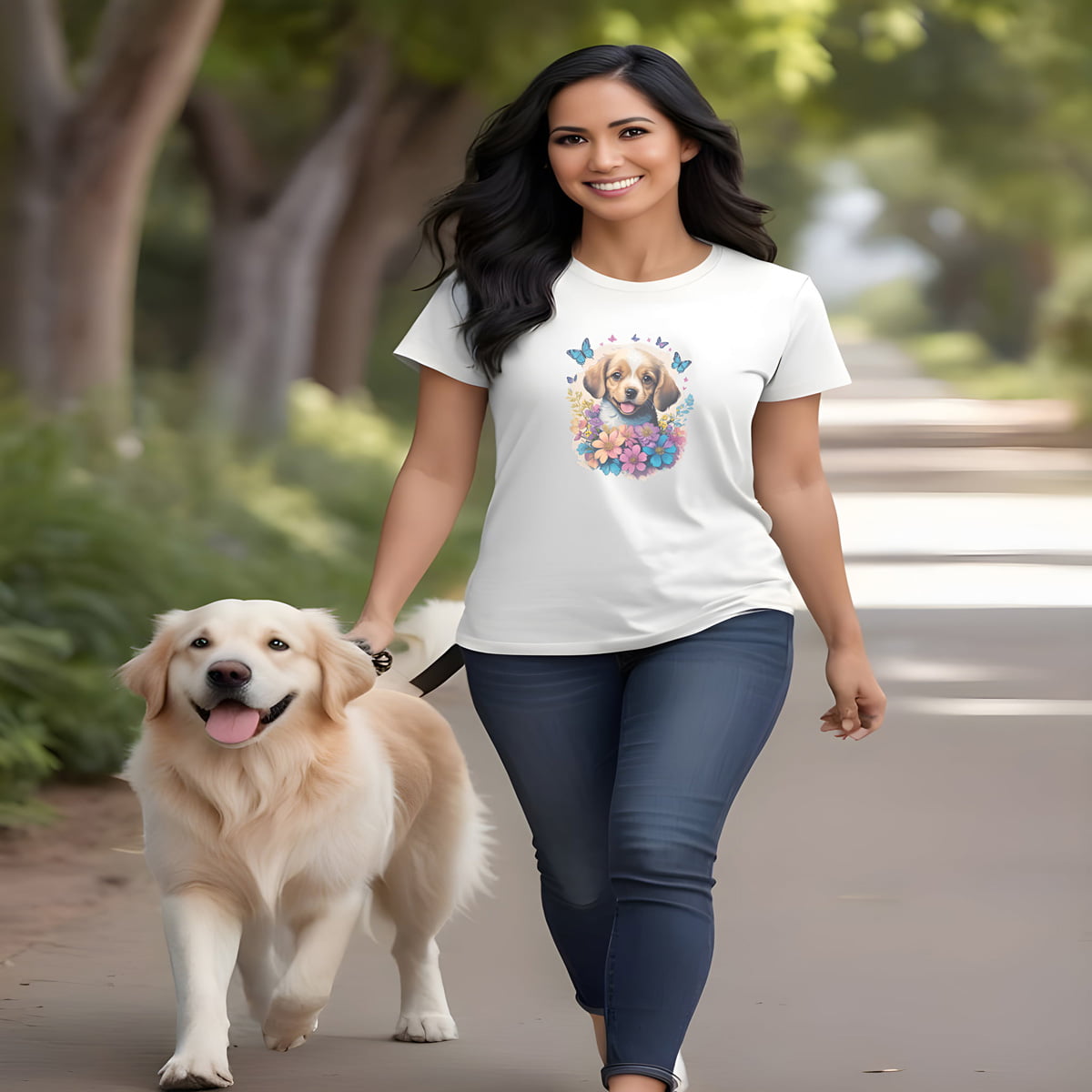 Women walking with a golden retriever in leash. She is wearing a white crew neck short sleeved t-shirt, feature a graphic vibrant colorful hand-drawn dog face of a golden retriever puppy sitting in floral wreath. woman close up