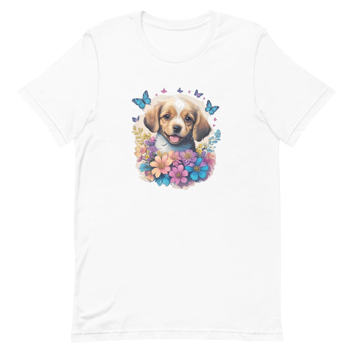 White crew neck short sleeved t-shirt, feature a graphic vibrant colorful hand-drawn dog face of a golden retriever puppy sitting in floral wreath