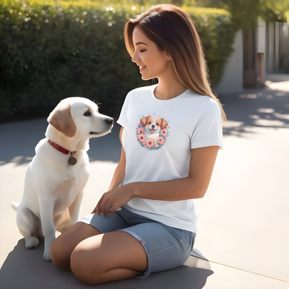 Women sitting next to a dog, outside, she is wearing a white crew neck short sleeved t-shirt, feature a graphic vibrant colorful hand-drawn dog face of a Shepherd Puppy sitting in floral wreath.