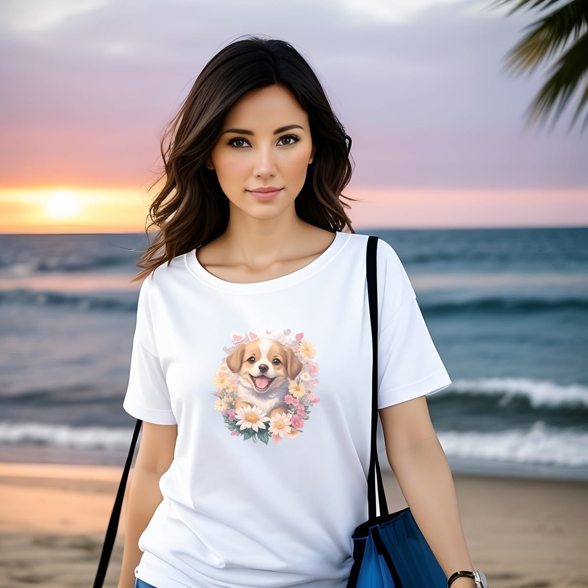 White crew neck short sleeved t-shirt, feature a graphic vibrant colorful hand-drawn dog face of a Cavalier King Charles spaniel Puppy sitting in floral wreath. woman outdoor