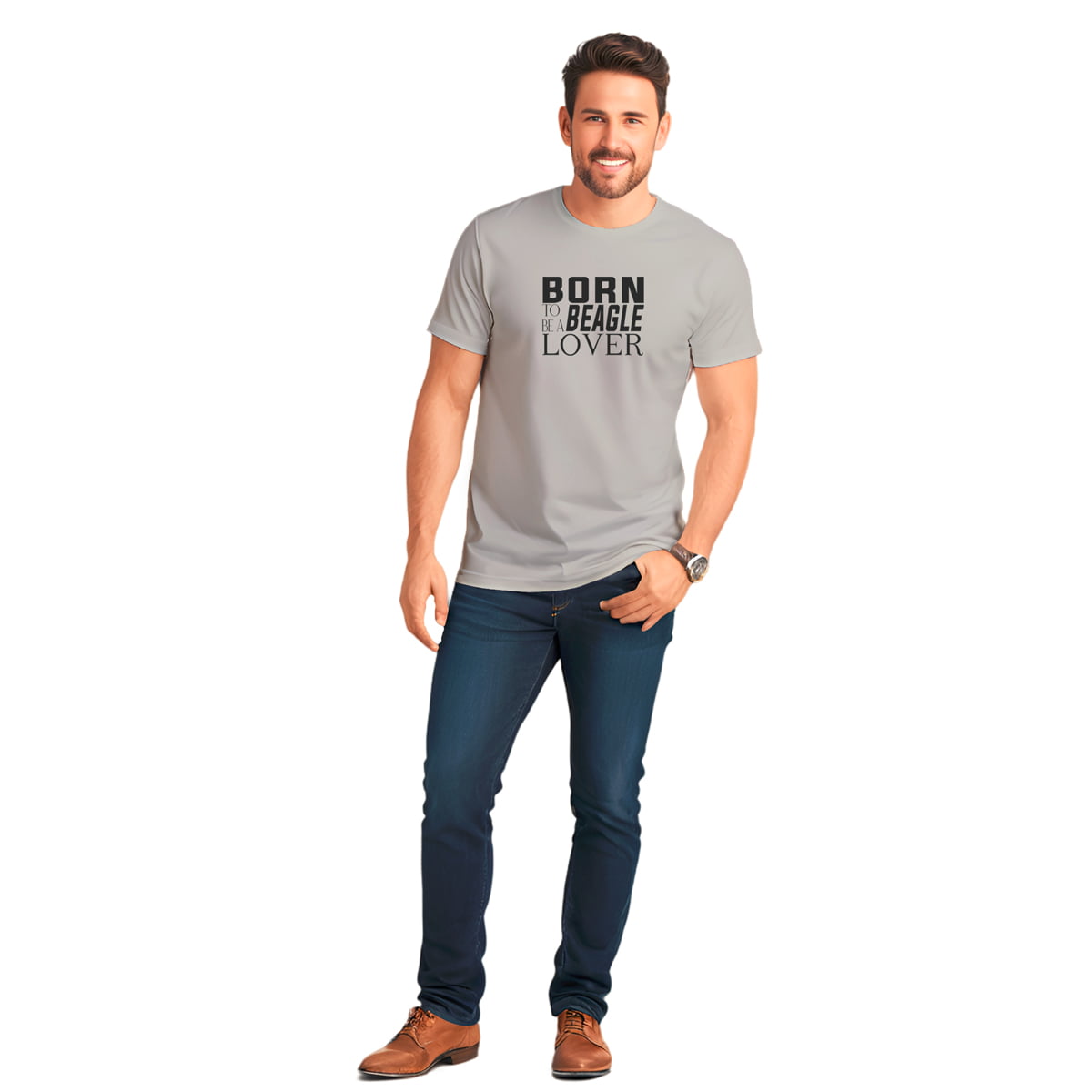 Gray crew neck short sleeved t-shirt, feature a graphic font with ” born to be a beagle lover” in black across chest. Standing male model showing fit and size.