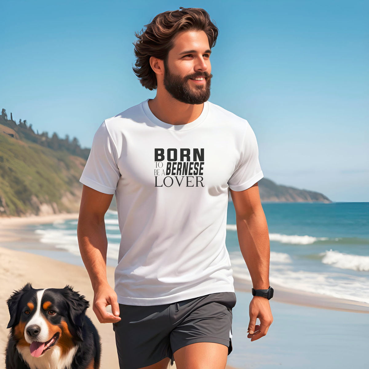 White short sleeve t-shirt features black “BORN TO BE A BERNESE LOVER” text across the front. Man walking at the beach with a Bernese mountain by his side, wear this tee