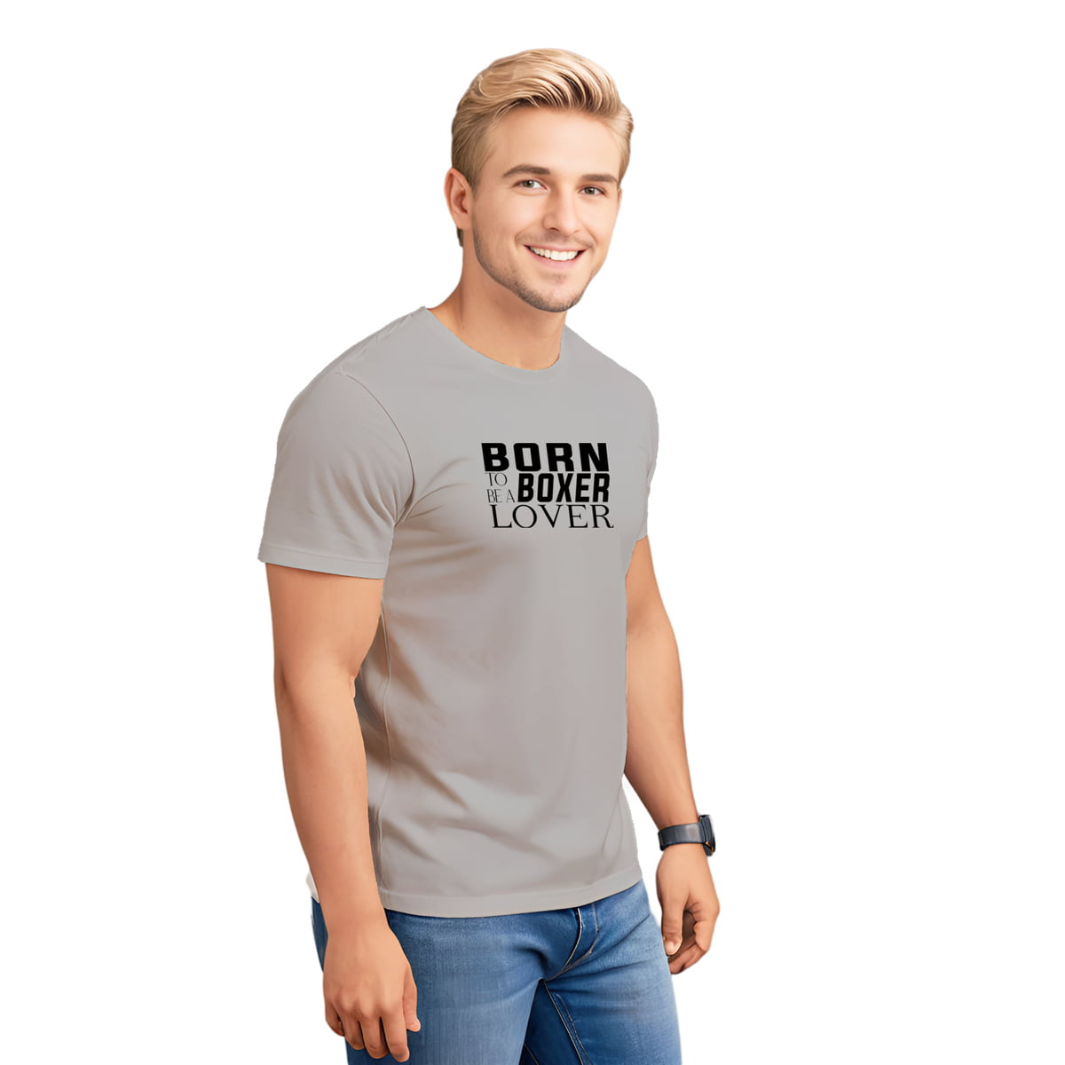 Gray short sleeve t-shirt features black “BORN TO BE A BOXER LOVER” text across the front. Male model shown in close-up to highlight print and fit.