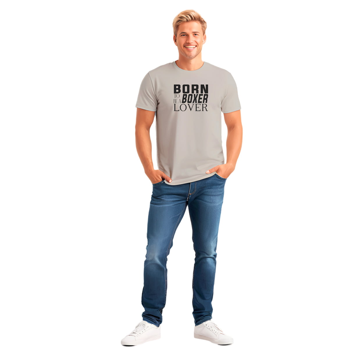 Male model wearing gray Boxer lover t-shirt, unisex cotton crew neck tee with bold "born to be a boxer lover"graphic print, short sleeves, lightweight and breathable casual fit