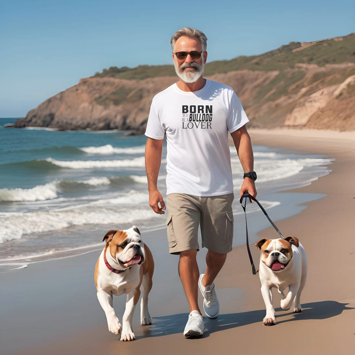 Man walking on the beach, with two bulldogs in leash. He is wearing a white cotton crew neck short sleeved t-shirt featuring black “BORN TO BE A BULLDOG LOVER” text.