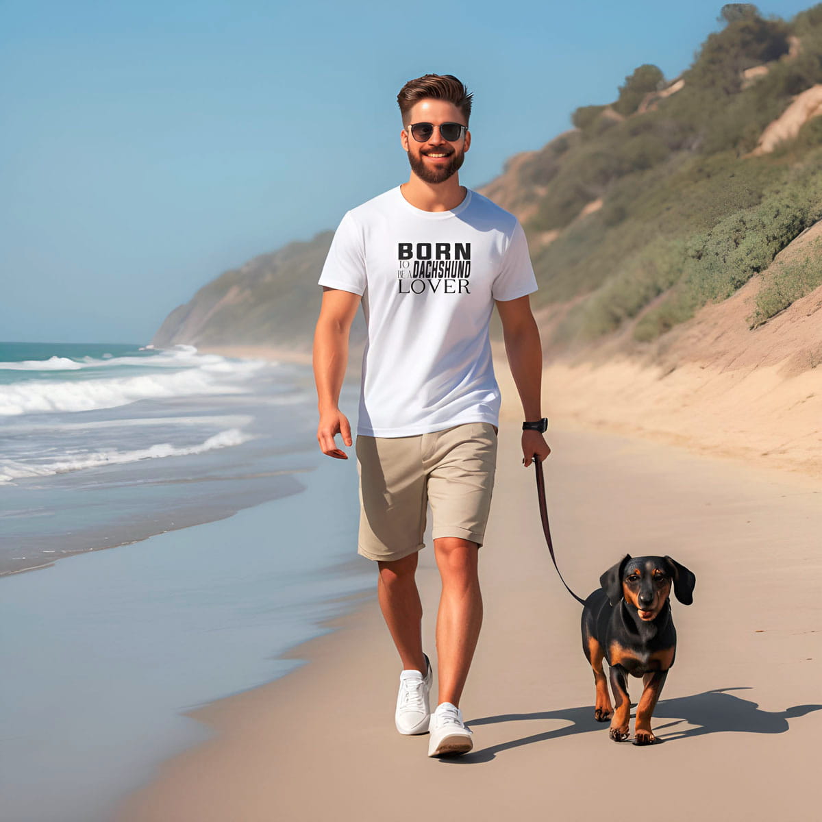 man walking on the beach wearing a white crew neck short sleeved t-shirt, feature “BORN TO BE A Doberman LOVER” text across the front. Together with a doberman dog enjoying the sun