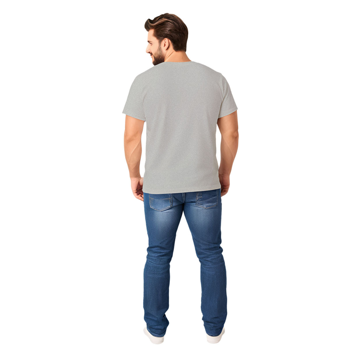 Male model shown back side of a gray, crew neck short sleeved t-shirt