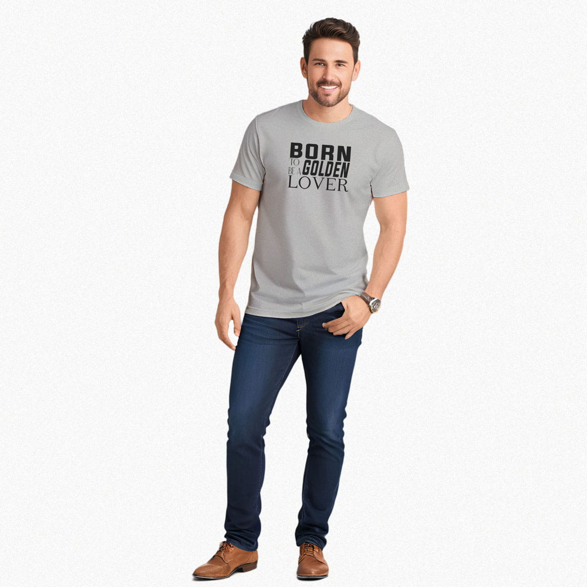 Gray short-sleeved crew neck t-shirt with black “Born to be a Golden Lover” graphic text on the chest, modeled by man in close-up front view.