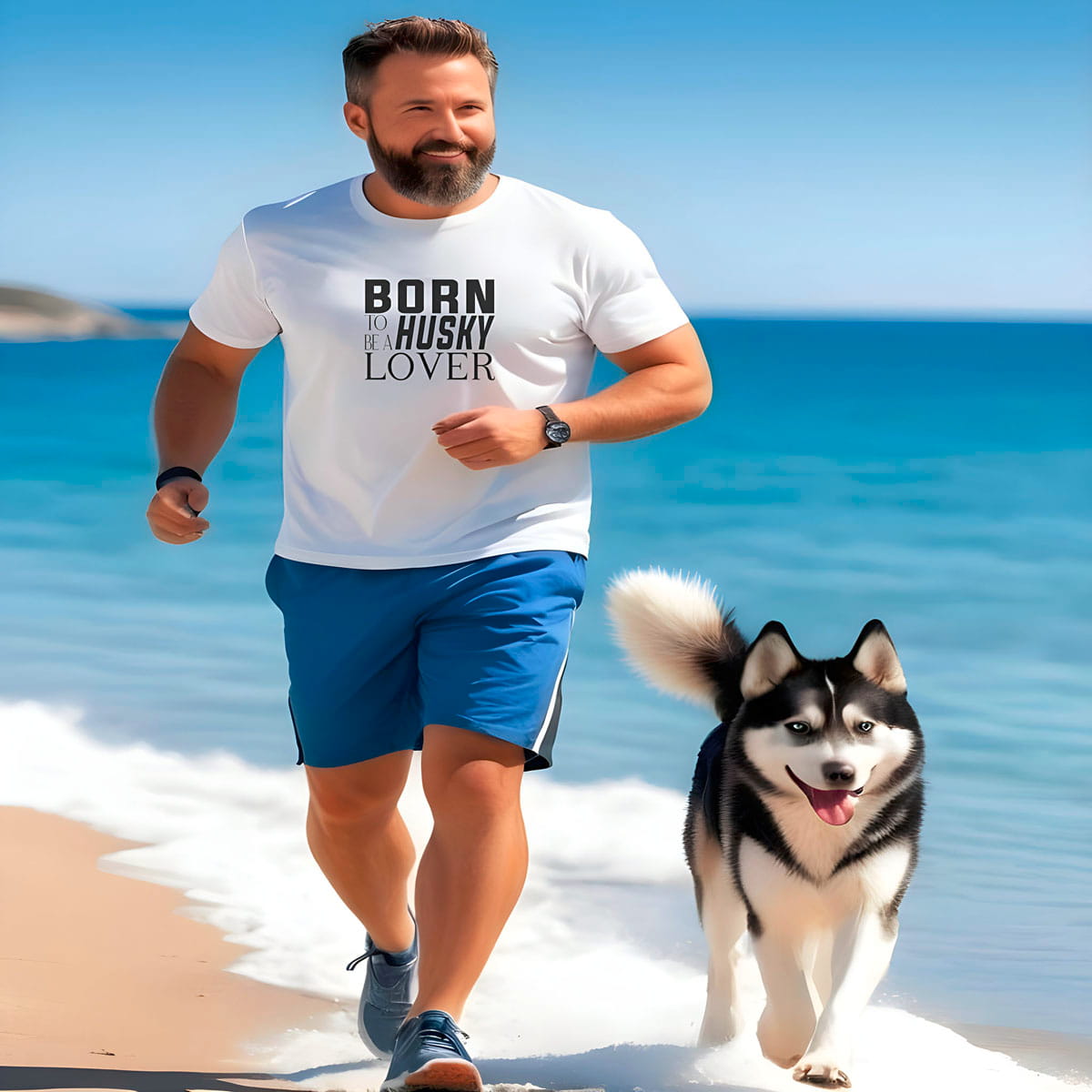 Man jogging on the beach wearing a white crew neck short sleeved t-shirt, feature “BORN TO BE A HUSKY LOVER” text across the front. Together with a Siberian Husky enjoying the sun