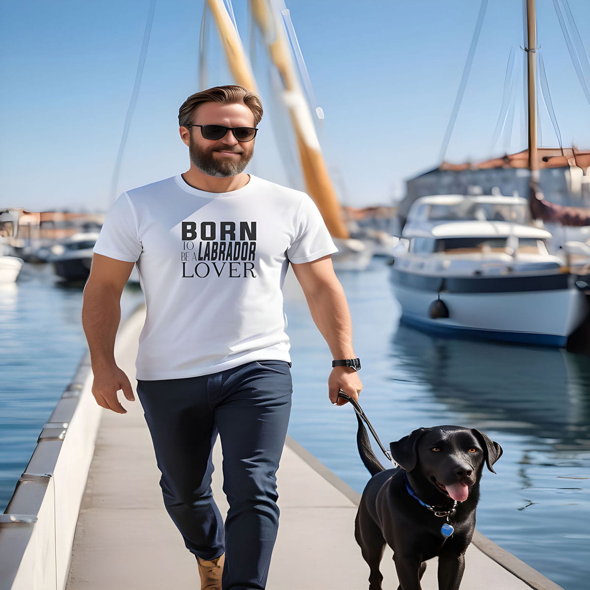 Man walking on harbour wearing white short-sleeved t-shirt with “Born to be a Labrador Lover” quote, Labrador dog by his side.