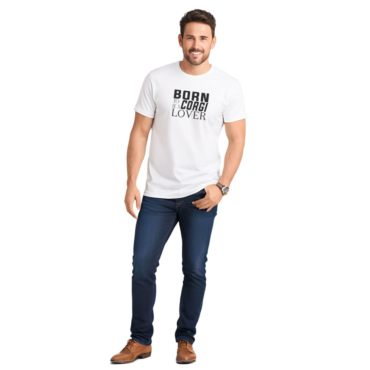 White short sleeved t-shirt with black “BORN TO BE A CORGI LOVER” graphic text printed on the chest. Crew neck style shown close-up on a male model. Pet-themed fashion for Corgi fans and dog lovers.