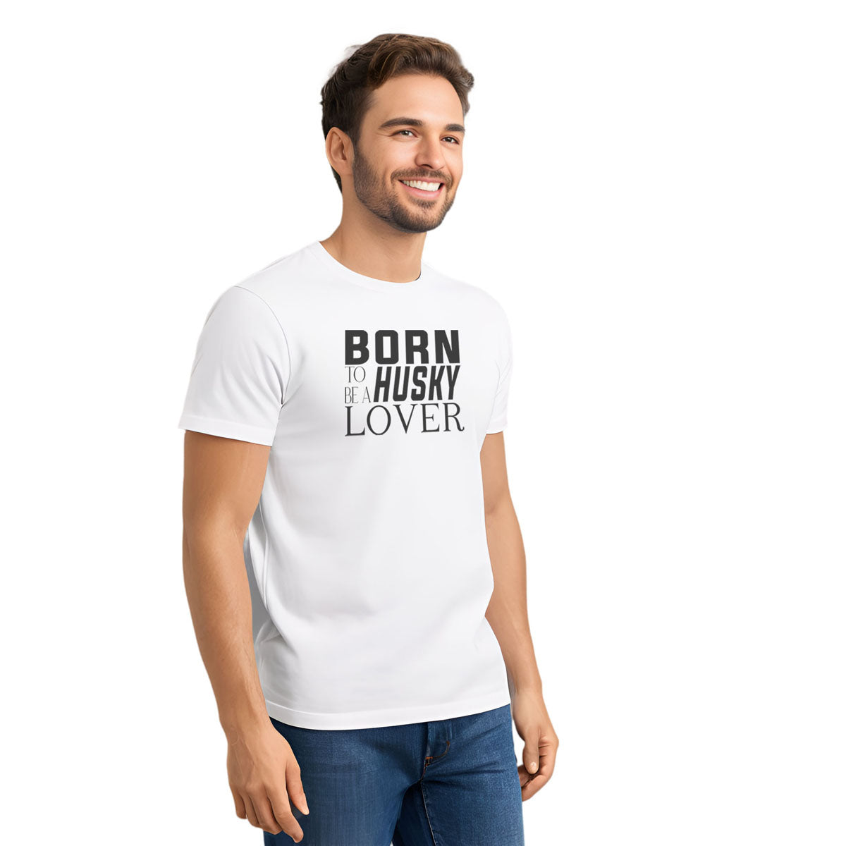 White crew neck short sleeve t-shirt featuring bold black “Born to be a Husky Lover” text across the chest, shown on male model in cropped front view.