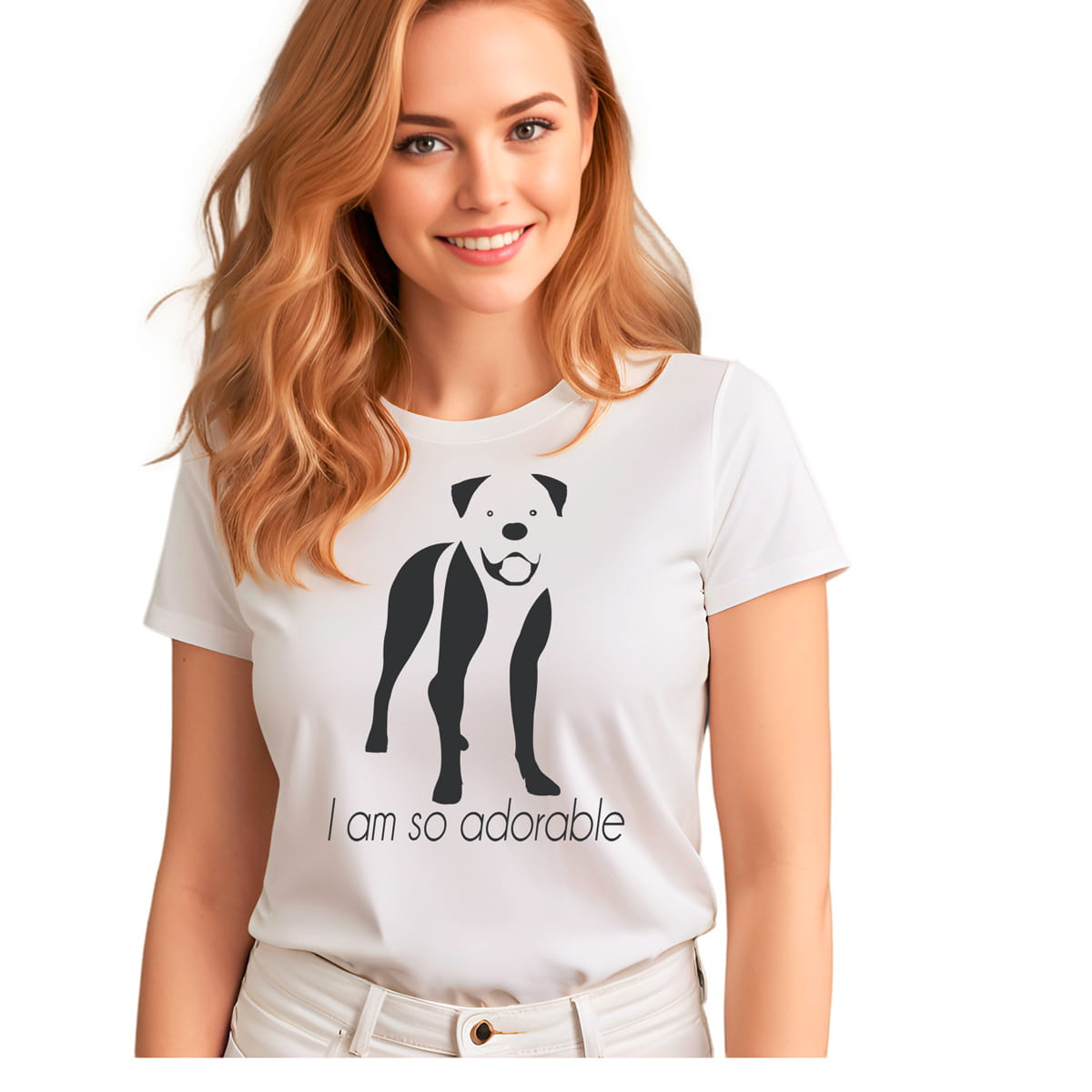 White crew neck short sleeved t-shirt, feature a graphic black/white hand-drawn boxer standing dog