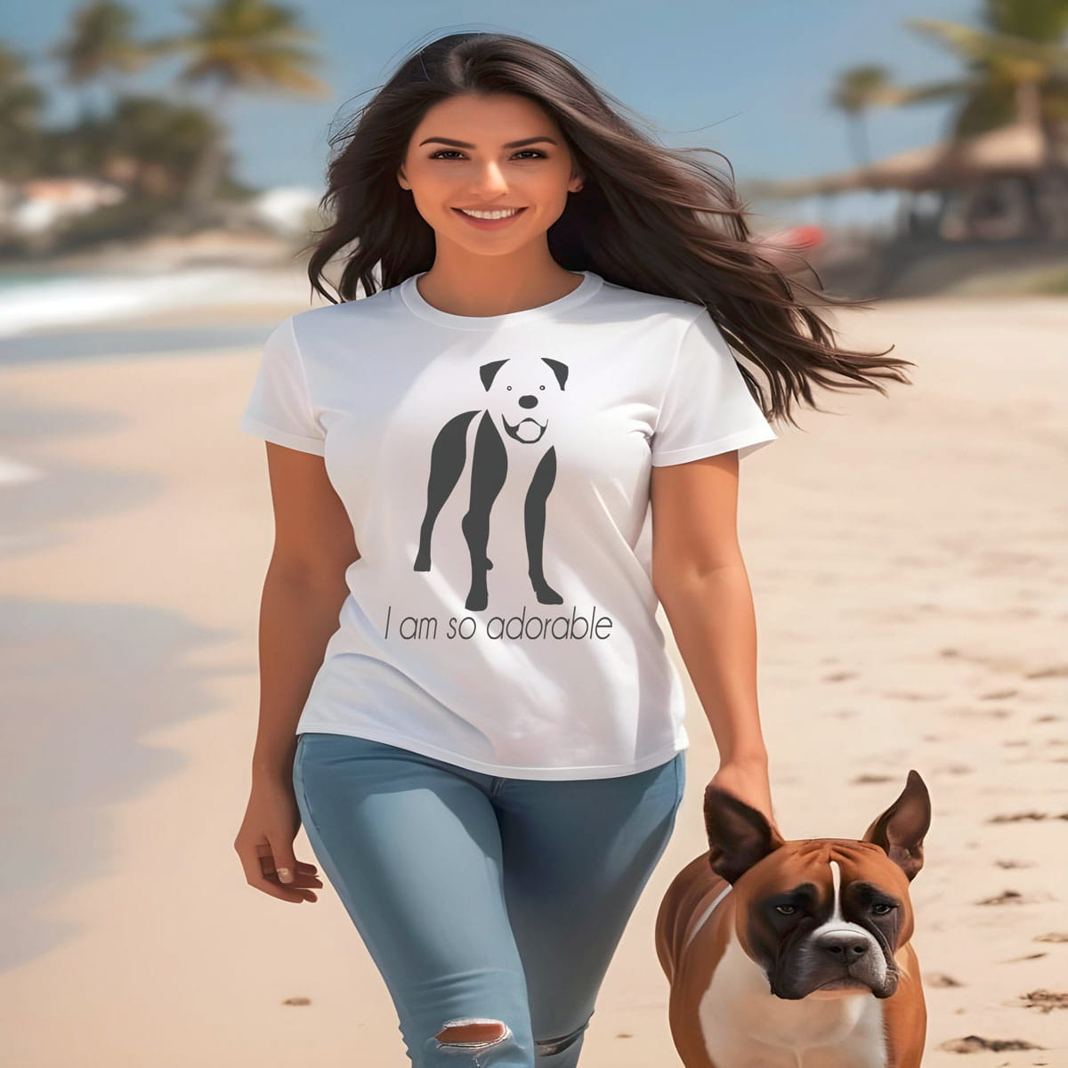 White crew neck short sleeved t-shirt, feature a graphic black/white hand-drawn boxer standing dog. woman outdoor dog