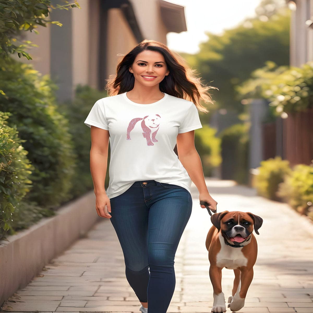Woman walking on the site-walk wearing a White crew neck short sleeved t-shirt, features a charming bulldog silhouette with floral, and swirl pattern design. Together with a Bulldog enjoying the sun