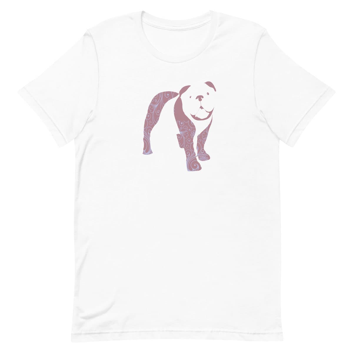 White crew neck short sleeved t-shirt, features a charming bulldog silhouette with floral, and swirl pattern design