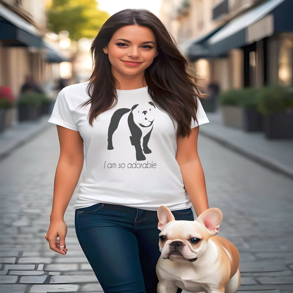 Woman walking on the street wearing a White crew neck short sleeved t-shirt, features a charming bulldog silhouette with playful quote; I am so adorable” across chest. Together with a Bulldog enjoying the sun.
