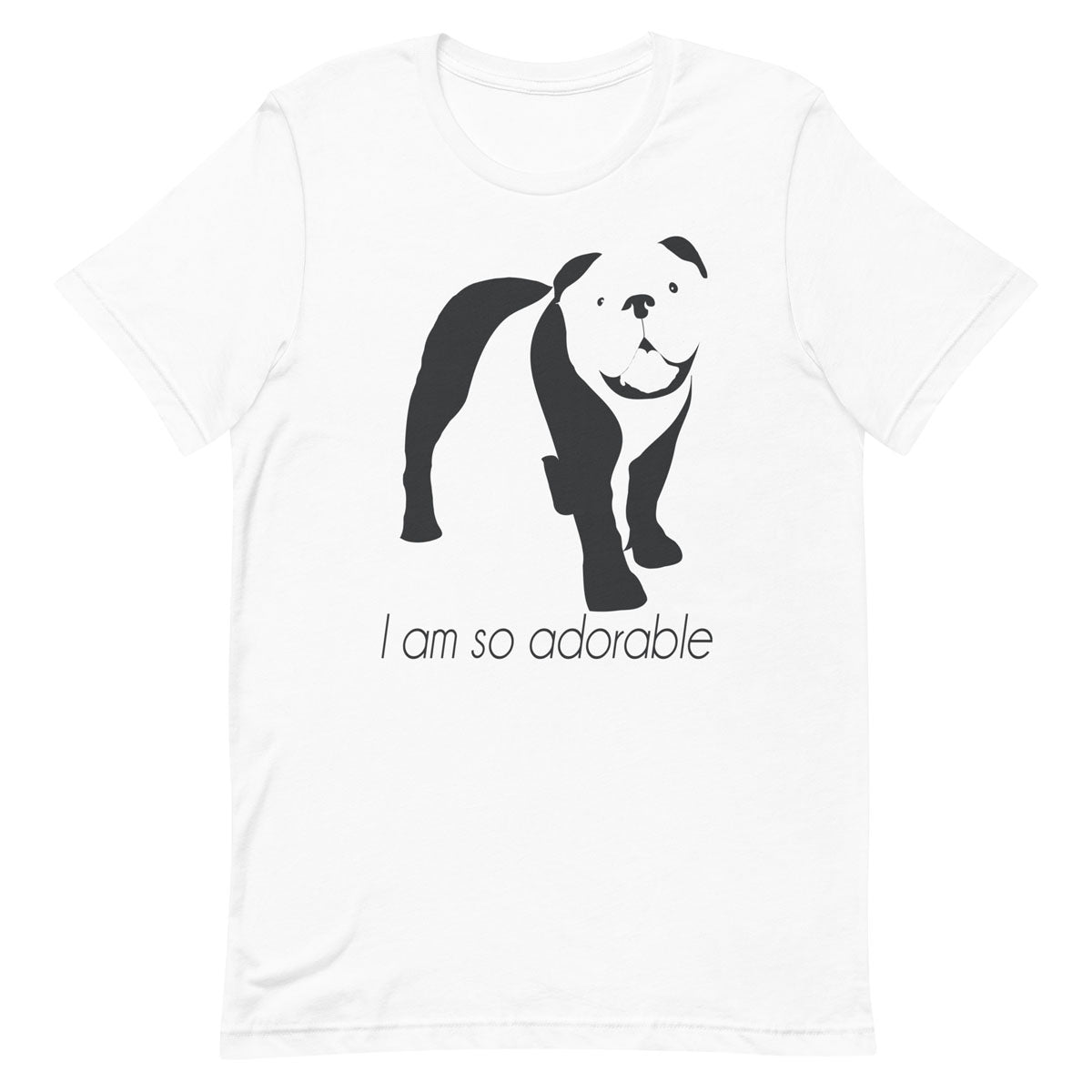 White crew neck short sleeved t-shirt, features a charming bulldog silhouette with playful quote; I am so adorable” across chest.