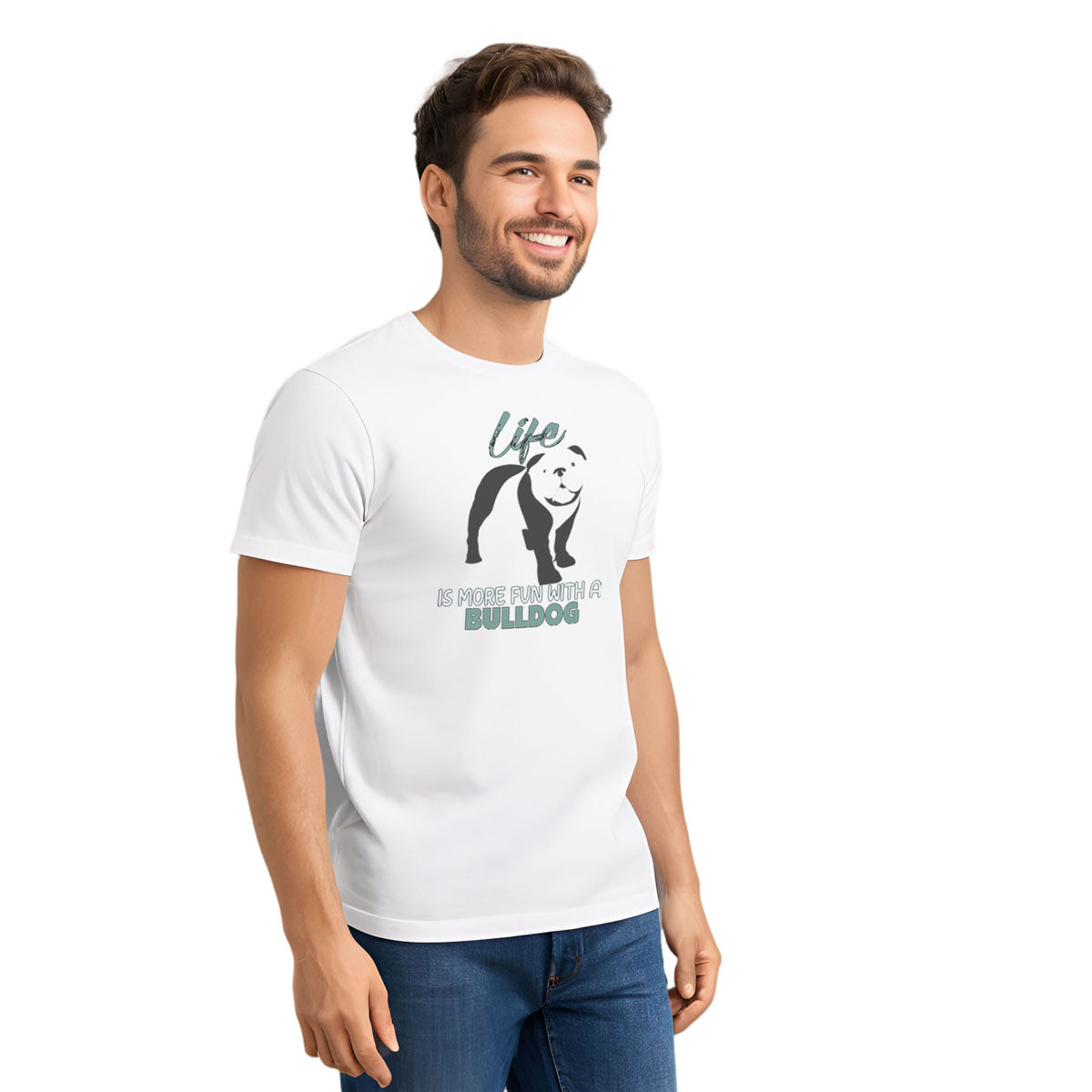 White crew neck short sleeved t-shirt, feature a graphic vibrant colorful hand-drawn standing Bulldog Puppy, man facing viewer.