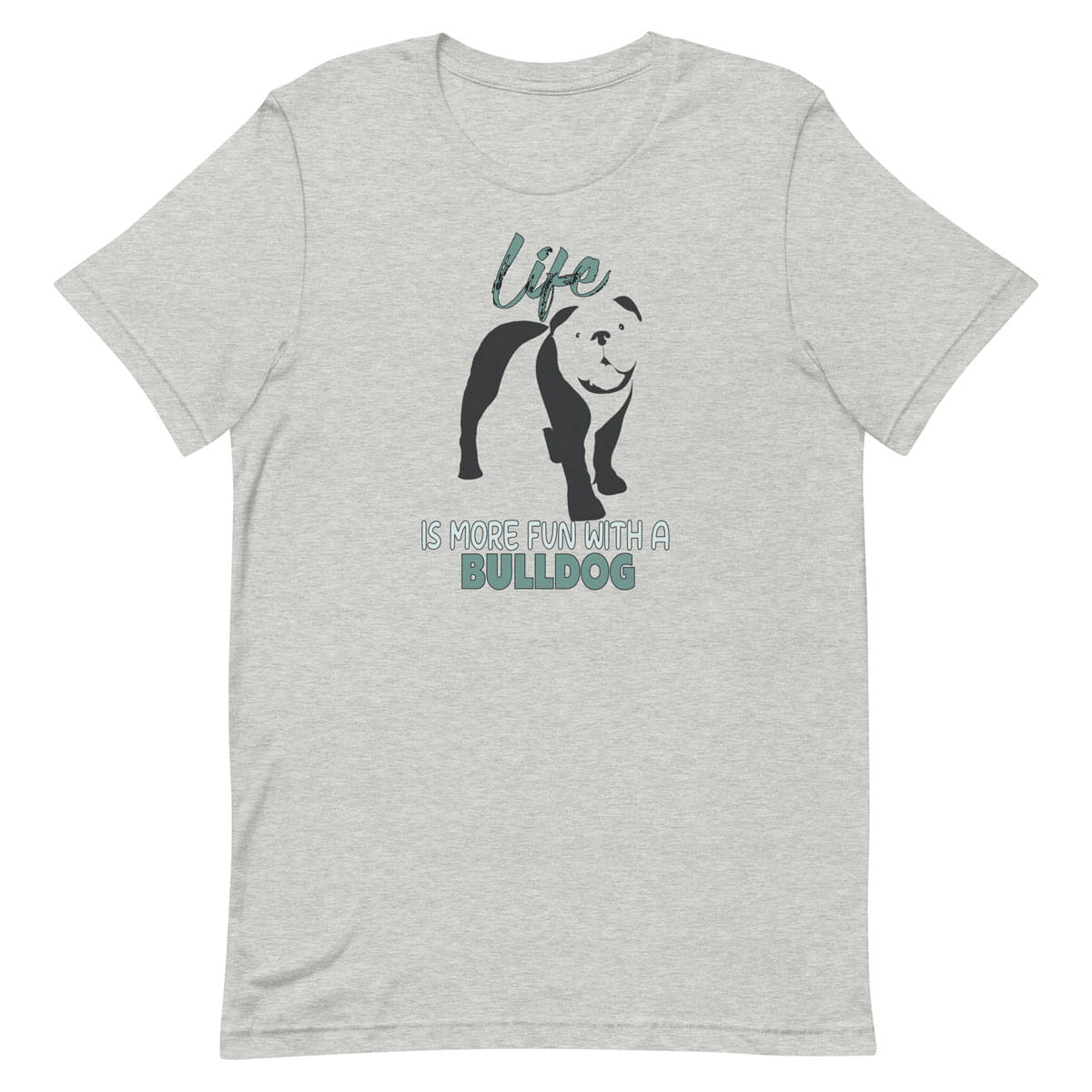 Gray crew neck short sleeved t-shirt, feature a graphic vibrant colorful hand-drawn standing Bulldog Puppy.
