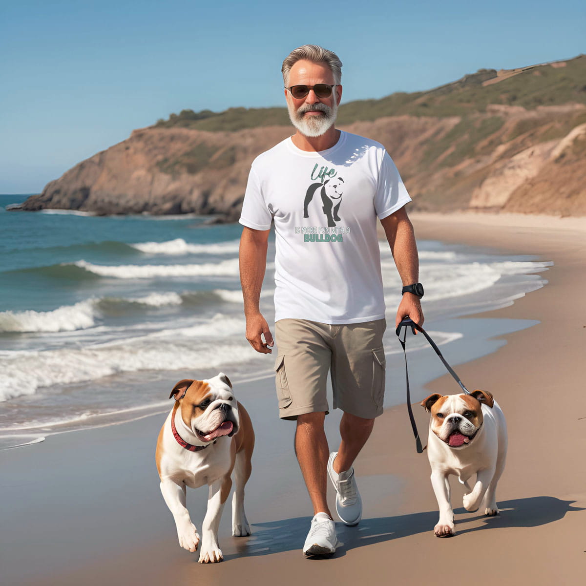 White crew neck short sleeved t-shirt, feature a graphic vibrant colorful hand-drawn standing Bulldog Puppy, man beach dogs.