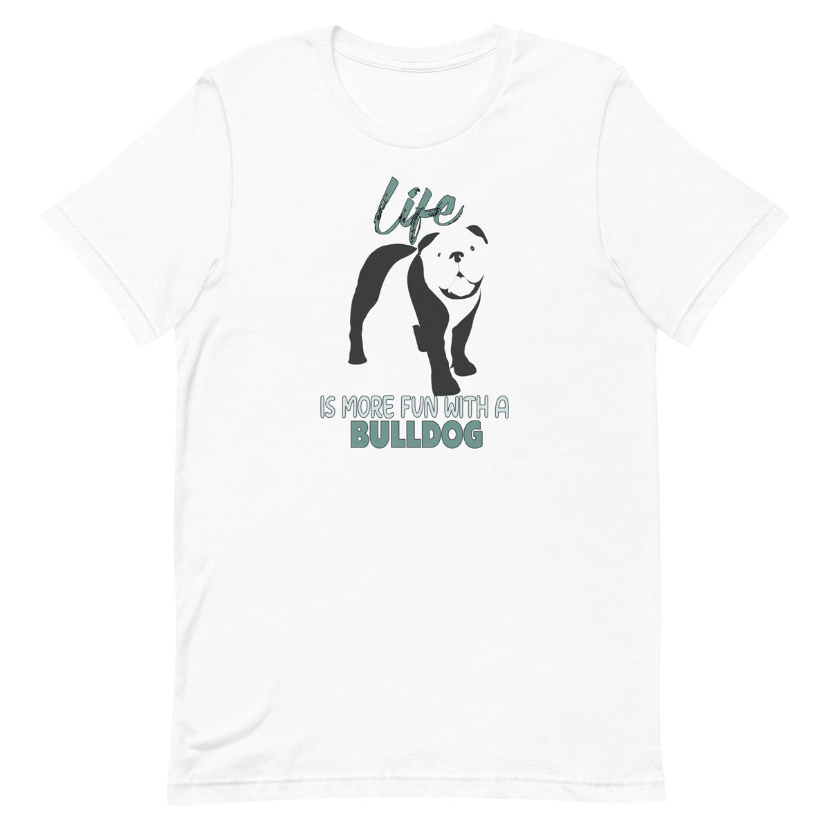 White crew neck short sleeved t-shirt, feature a graphic vibrant colorful hand-drawn standing Bulldog Puppy.