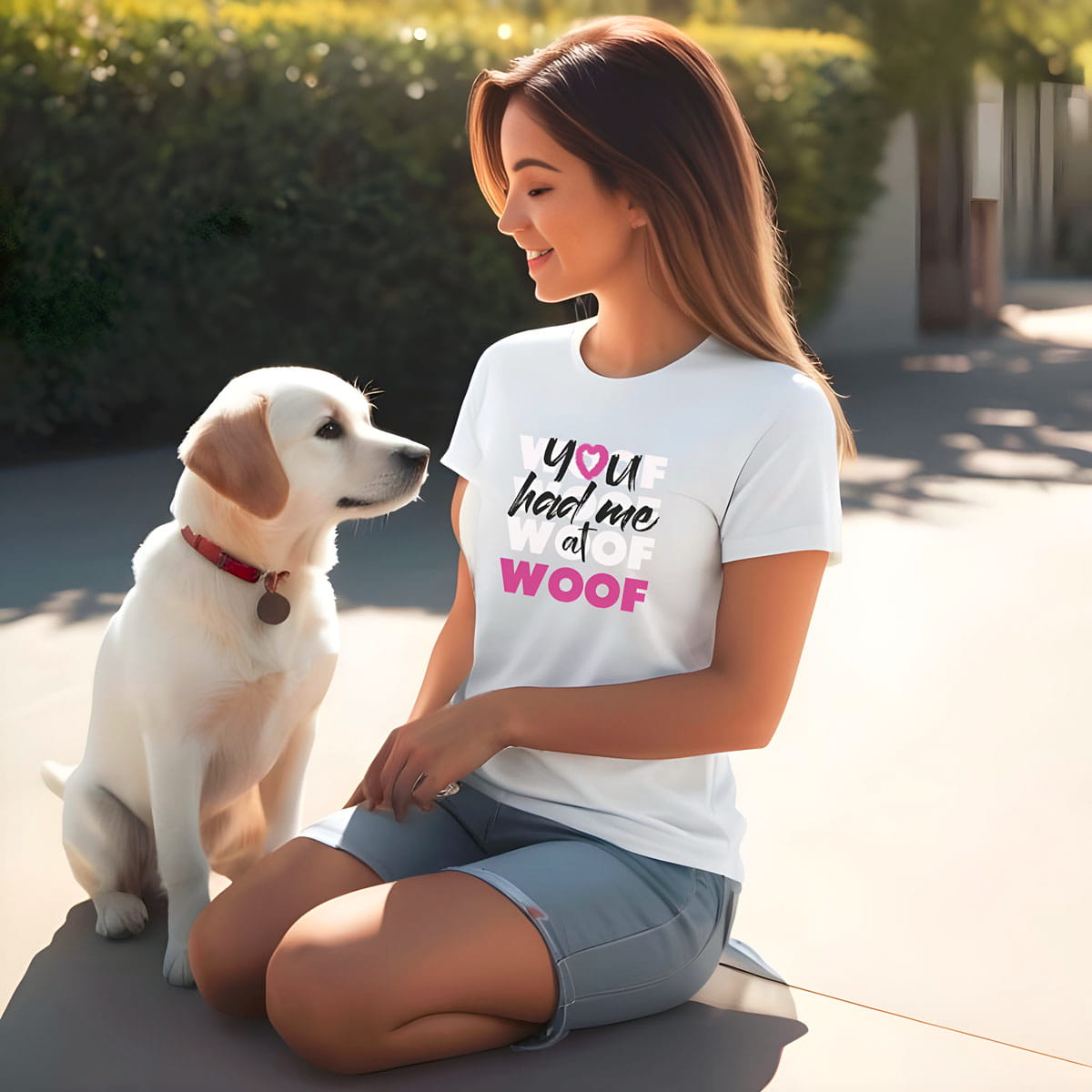 Woman sitting outside wearing white crew neck short sleeved t-shirt, feature a graphic classic quote ”you had me at woof” across chest, while looking at a dog.