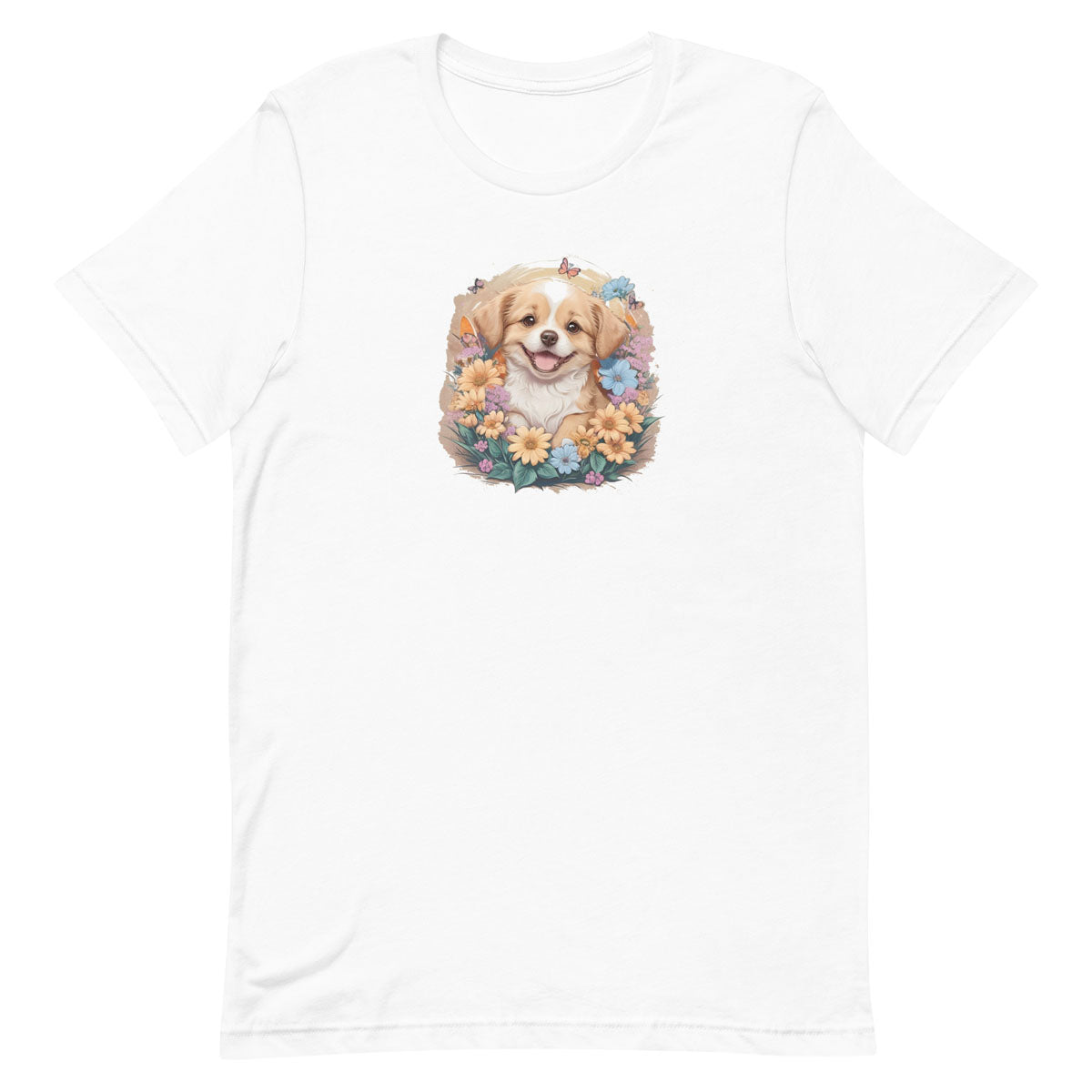 White crew neck short sleeved t-shirt, feature a graphic vibrant colorful hand-drawn dog face of a Cavalier King Charles spaniel Puppy sitting in floral wreath