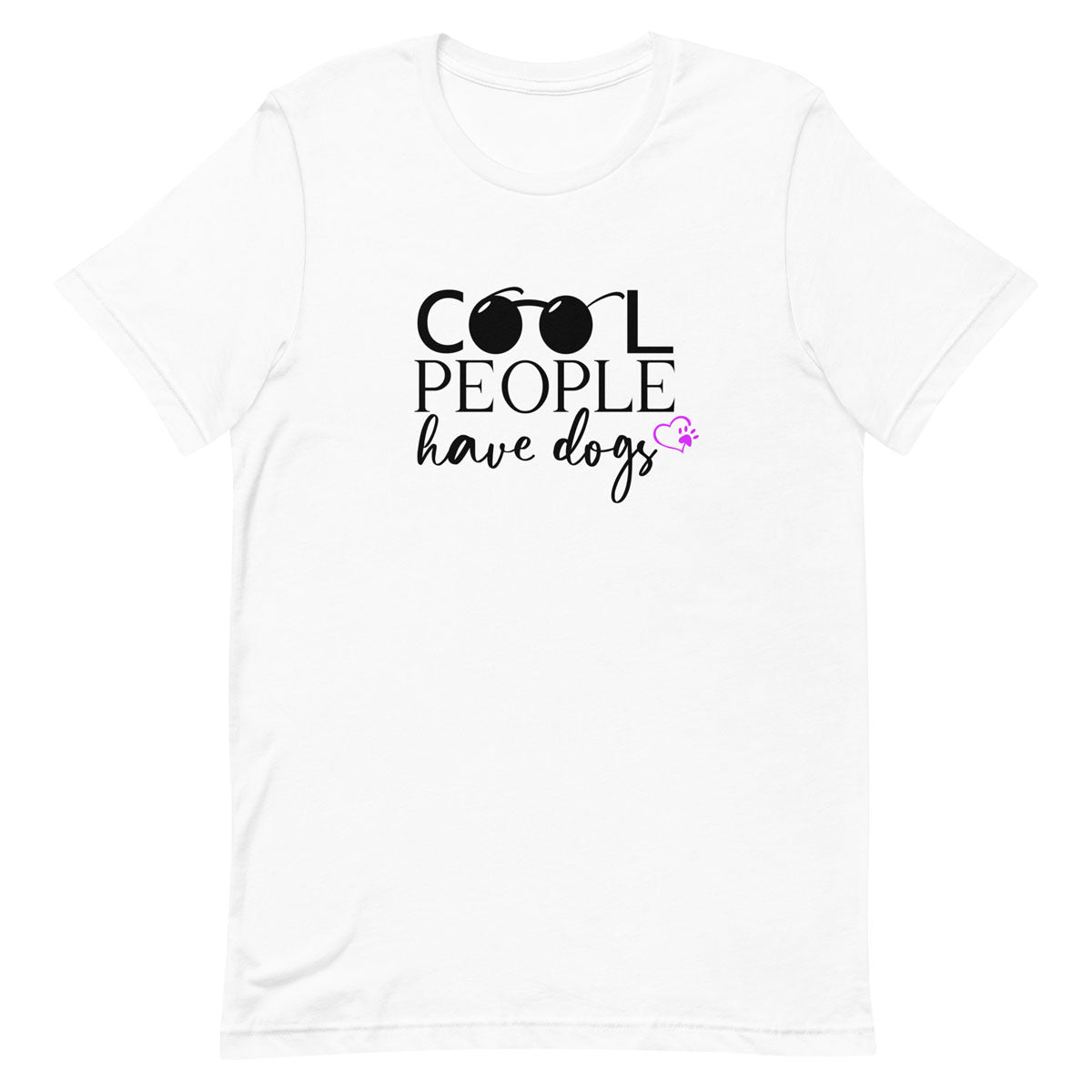 White crew neck short sleeved t-shirt, feature a graphic ”cool people have dogs” across chest.
