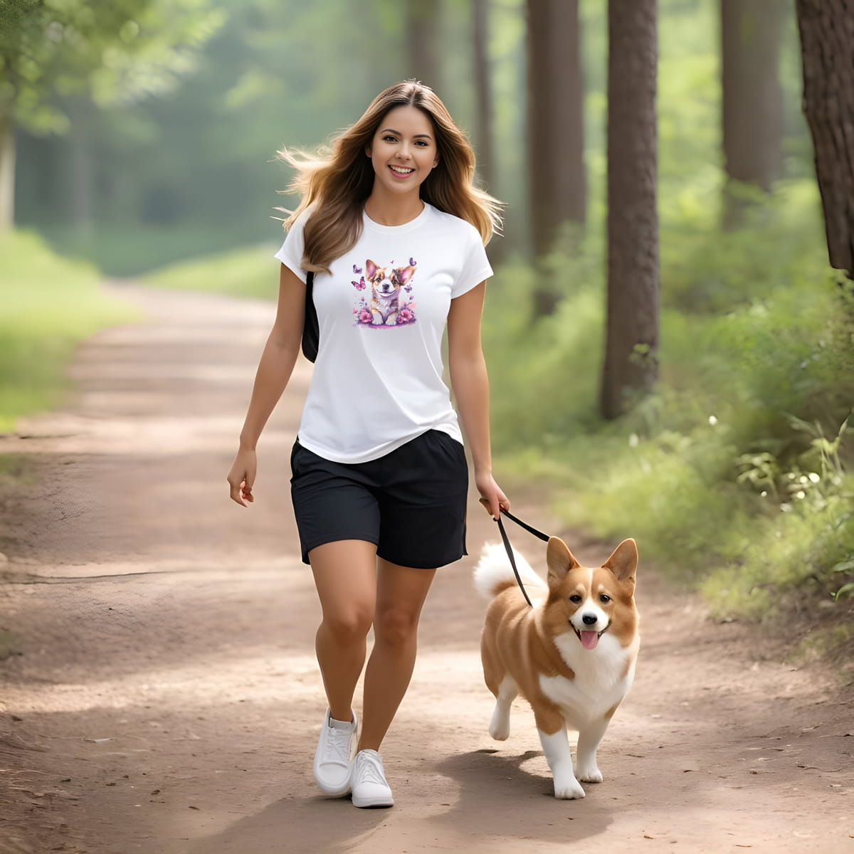 Women walking in the forest with her corgi, wearing a white crew neck short sleeved t-shirt, feature a graphic vibrant colorful hand-drawn Corgi puppy sitting in floral and butterfly garden.