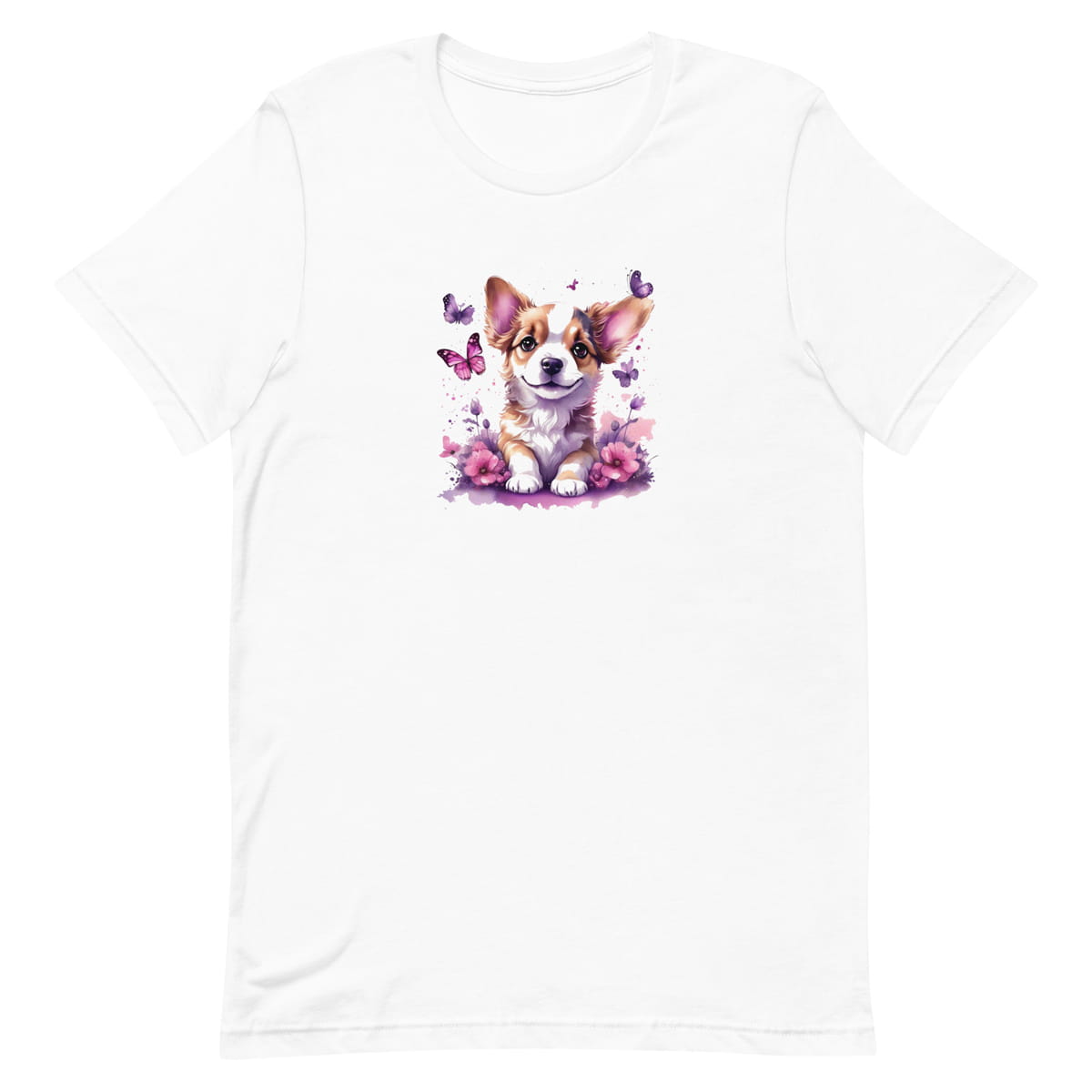 White crew neck short sleeved t-shirt, feature a graphic vibrant colorful hand-drawn Corgi puppy sitting in floral and butterfly garden.