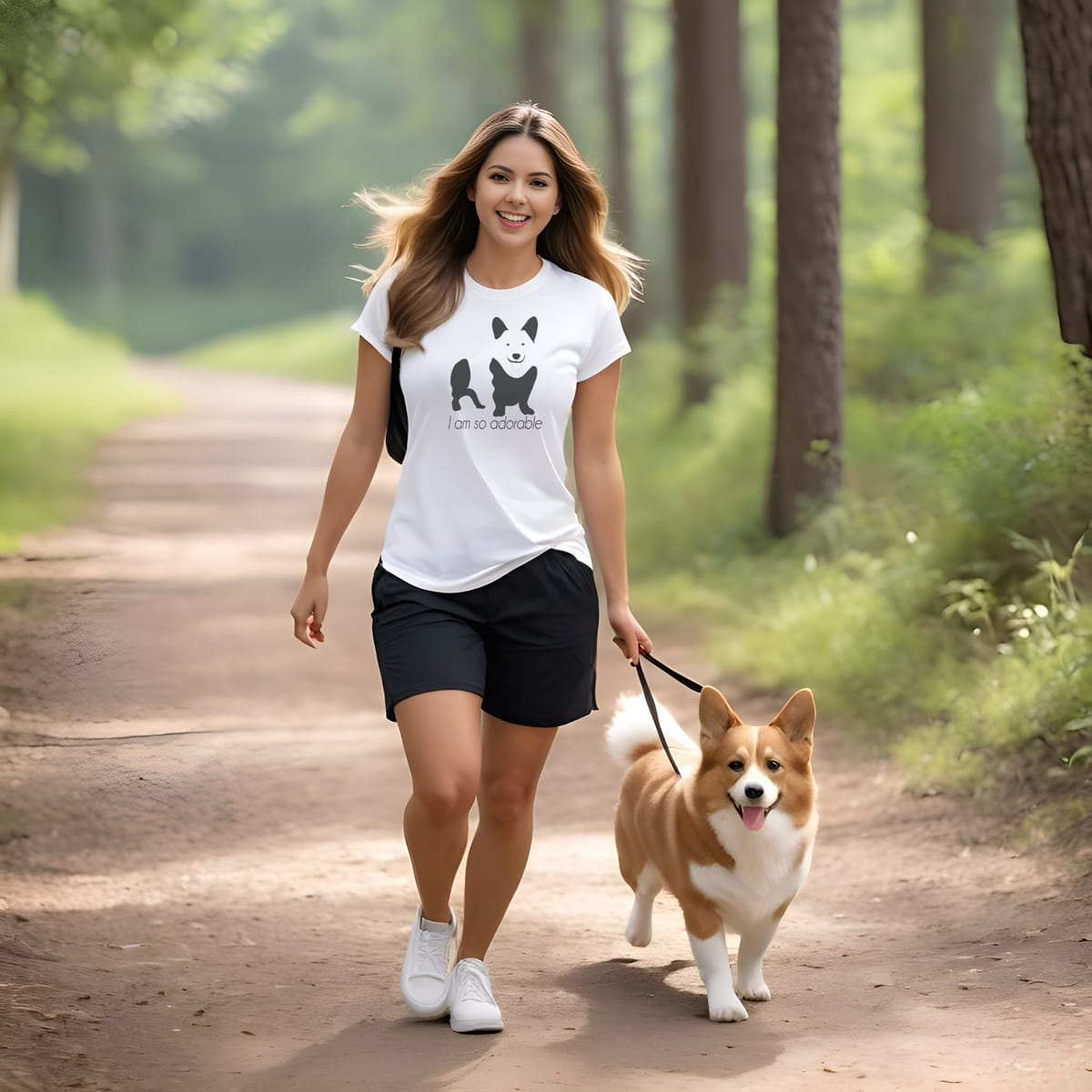 Women walking in forest with a corgi, in leash, wearing a white crew neck short sleeved t-shirt, feature a graphic black/white hand-drawn corgi standing dog with quote " i am so adorable".