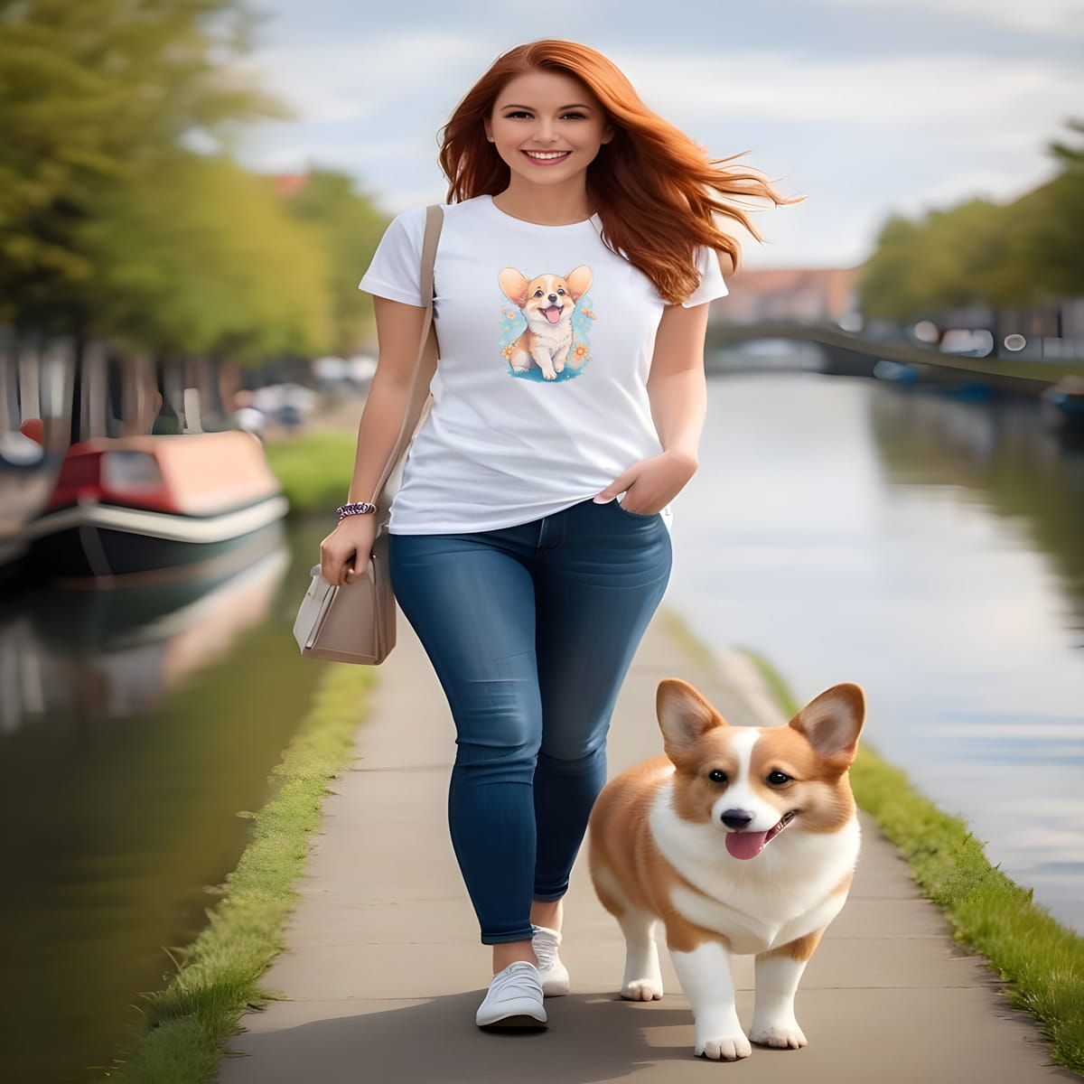Women walking along a canal with a corgi puppy, wearing a white crew neck short sleeved t-shirt, feature a graphic vibrant colorful hand-drawn happy Corgi puppy nestled amidst a garden flowers.