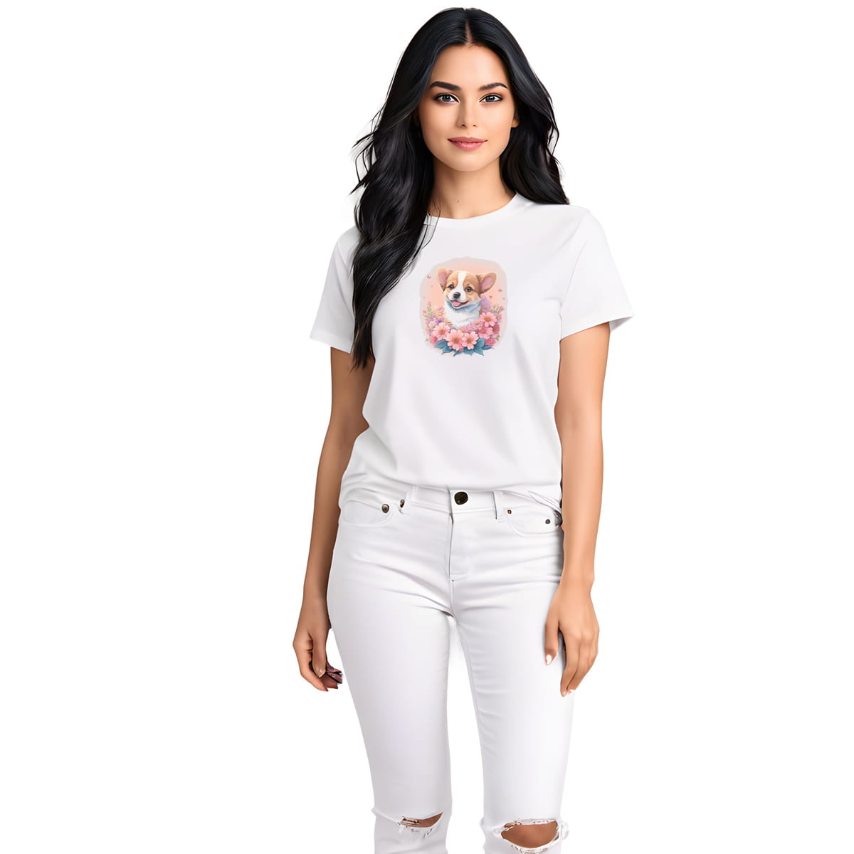 White crew neck short sleeved t-shirt, feature a graphic vibrant colorful hand-drawn happy Corgi puppy nestled amidst a garden flowers. Female model shown in close-up to highlight print and fit.