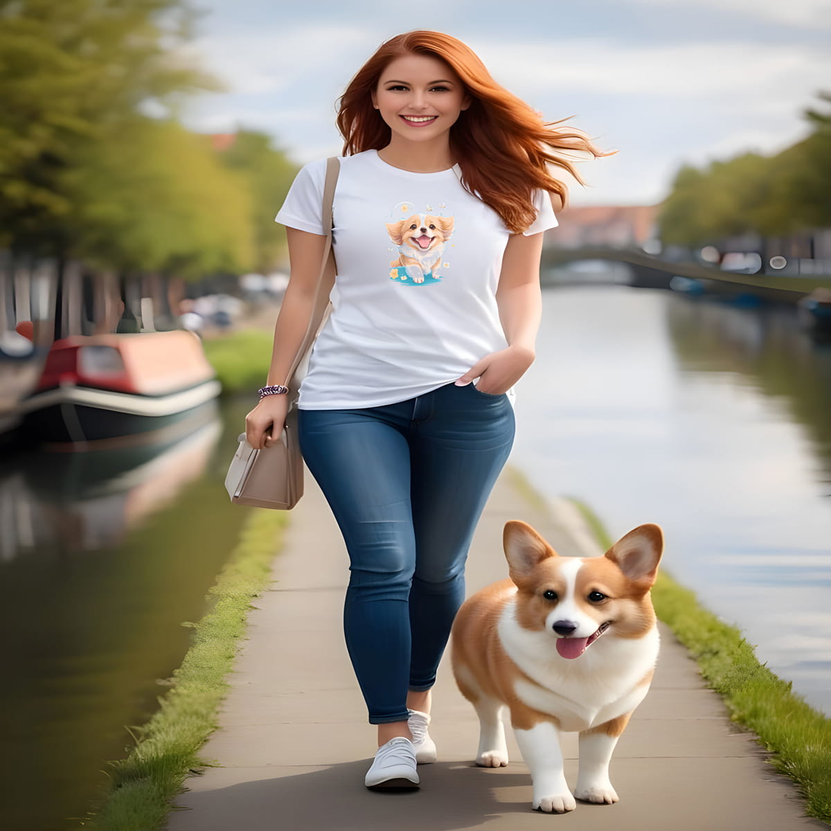 Women walking along a canal, with a corgi puppy, wearing a white crew neck short sleeved t-shirt, feature a graphic vibrant colorful hand-drawn happy Corgi puppy nestled amidst of flowers.