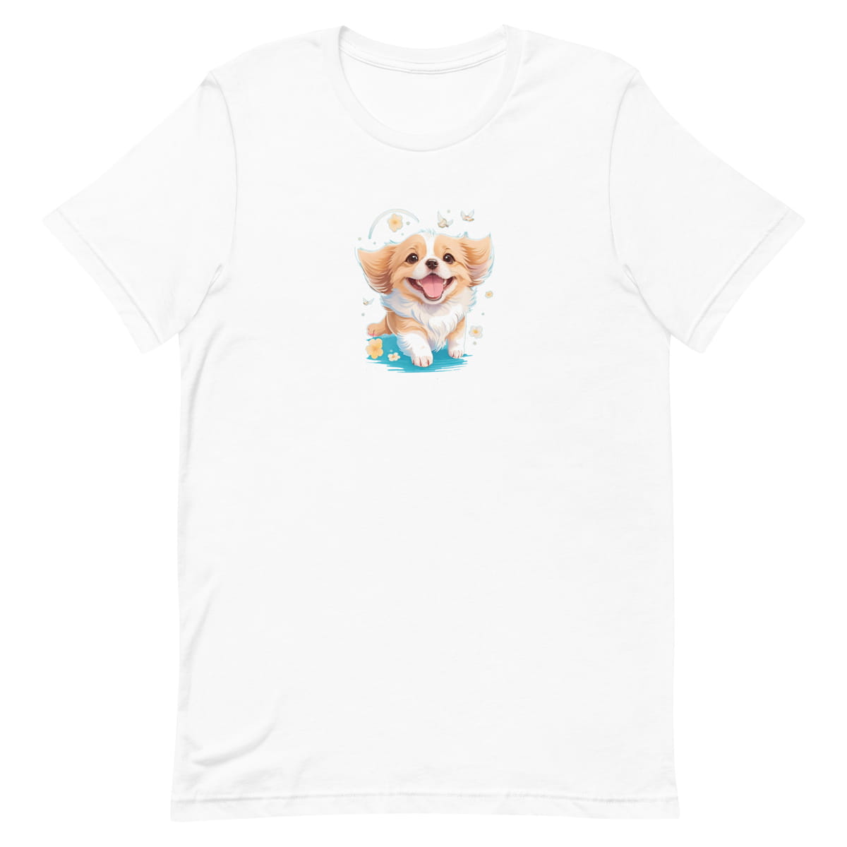White crew neck short sleeved t-shirt, feature a graphic vibrant colorful hand-drawn happy Corgi puppy nestled amidst of flowers.