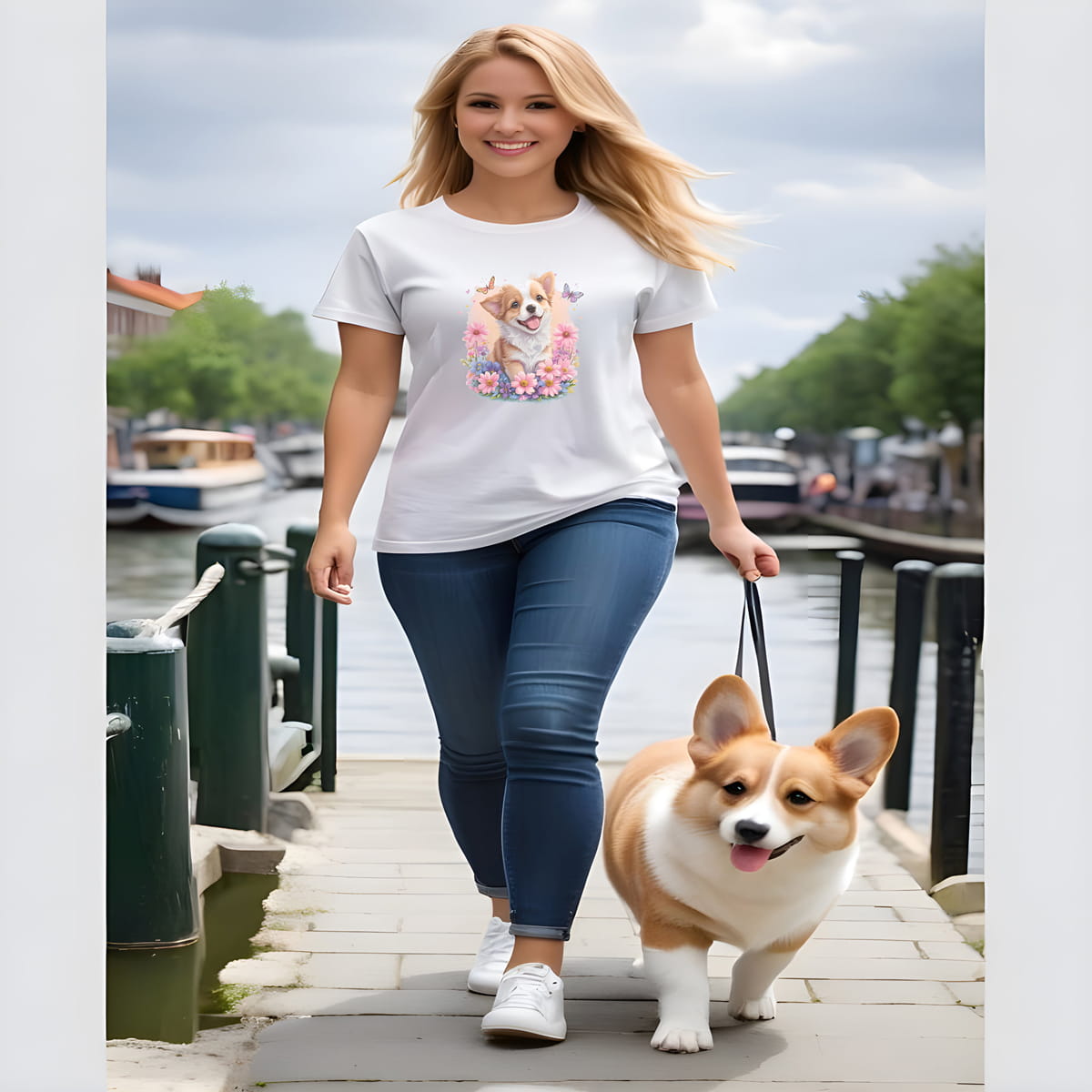 Women walking at a harbor with a corgi in leash, wearing a white crew neck short sleeved t-shirt, feature a graphic vibrant colorful hand-drawn dog face of a Corgi puppy sitting in floral garden.i