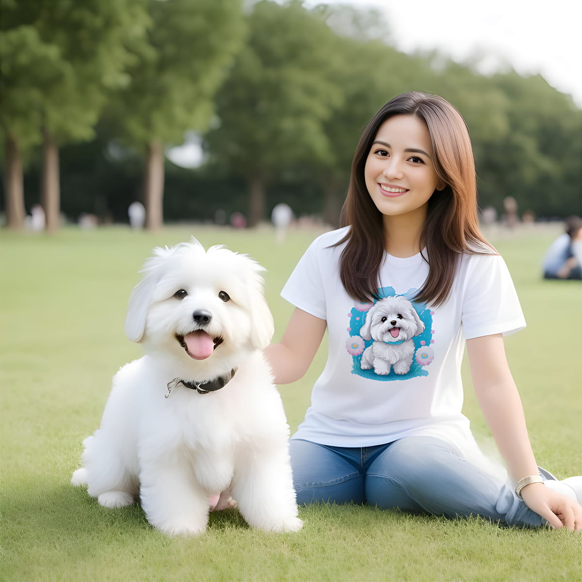 Women sitting in a park, close to a coton de tulear puppy, she is wearing a white crew neck short sleeve t-shirt with a colorful hand-drawn Coton de tulear puppy graphic standing in a floral garden.